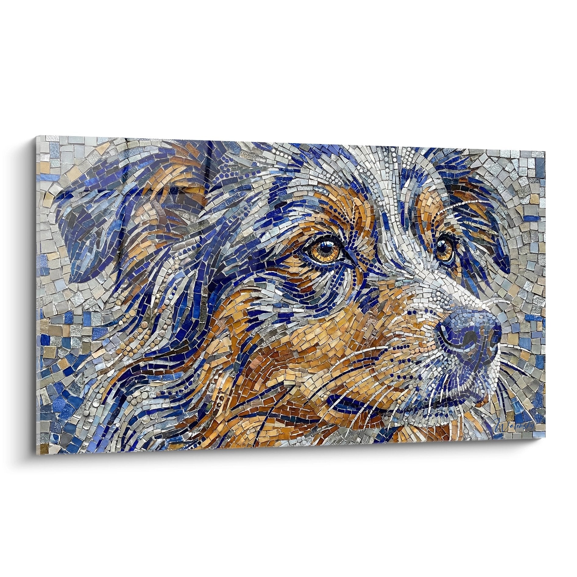Portrait mosaique berger americain miniature tons bleus dores tesselles colorees art mural