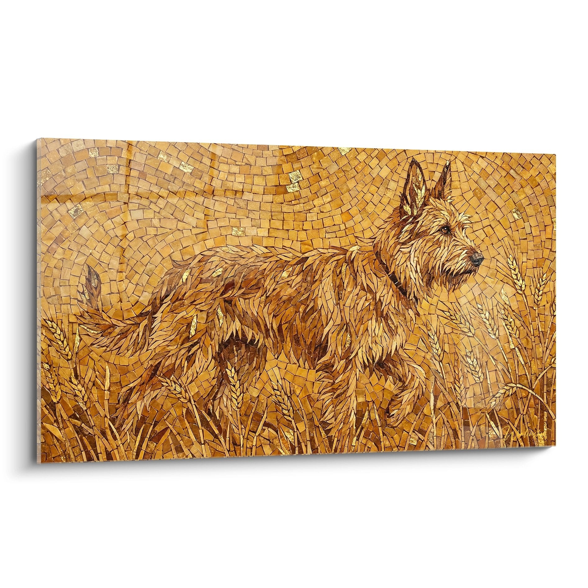 Mosaique doree representant un Berger Picard dans un champ de bles, art mural aux tons ambres chaleureux