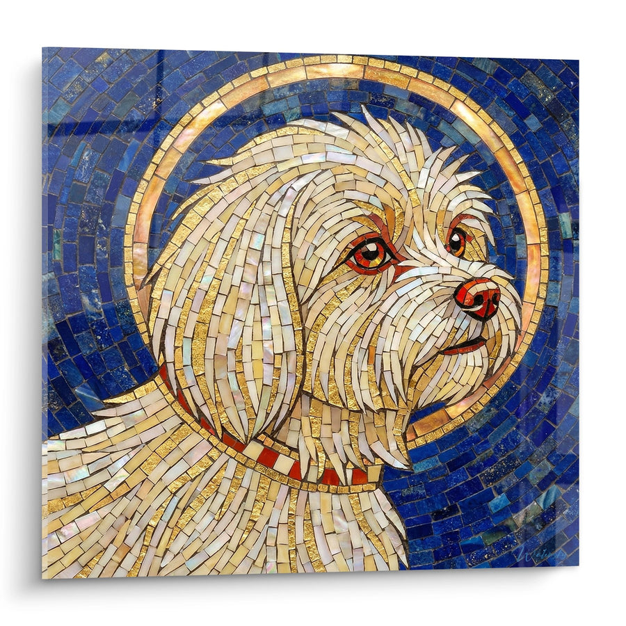 Tableau Bichon Maltais Mosaïque Dorée sur Fond Bleu - Portrait Byzantin - Edition Bichon Maltais
