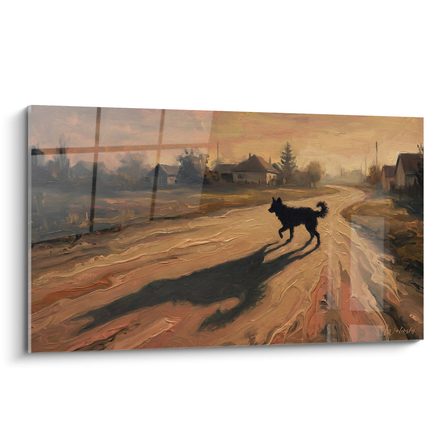 Tableau Mudi traversant un chemin de terre au coucher de soleil - Balade Dorée - Edition Mudi