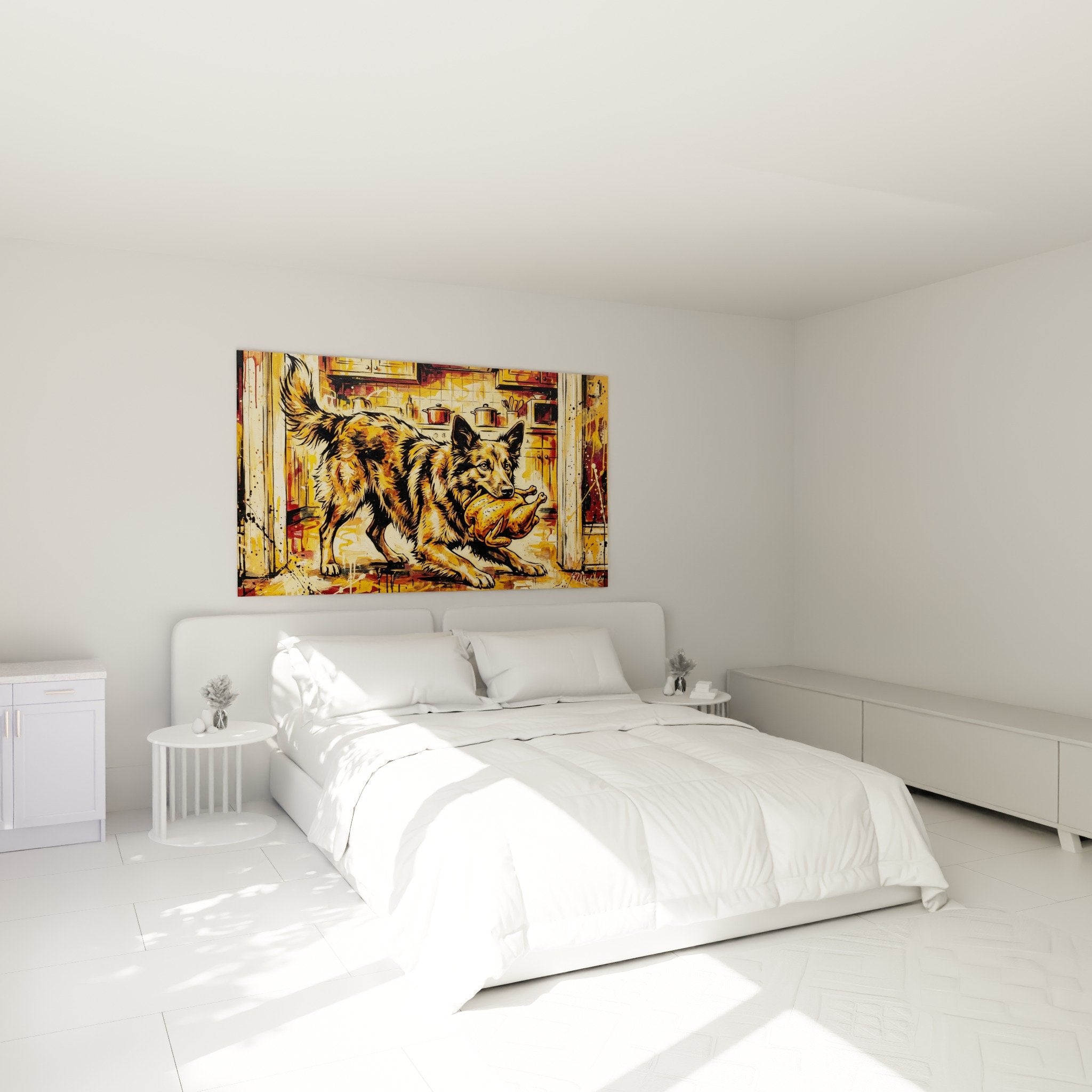 Tableau chien Mudi doré dans chambre moderne tons neutres decoration murale chaleureuse