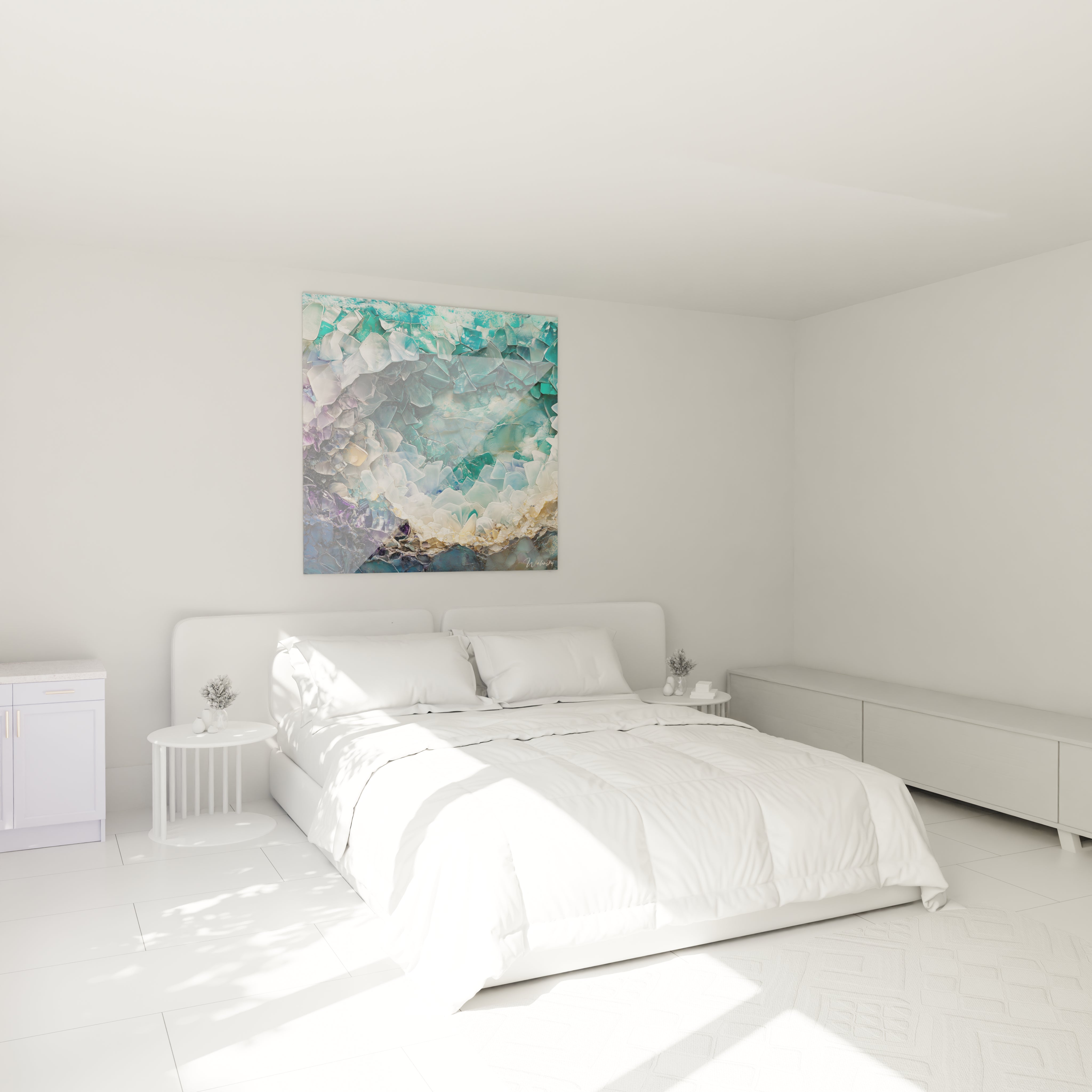 Tableau géométrique abstrait Walensky dans une chambre moderne avec des tons bleu et beige