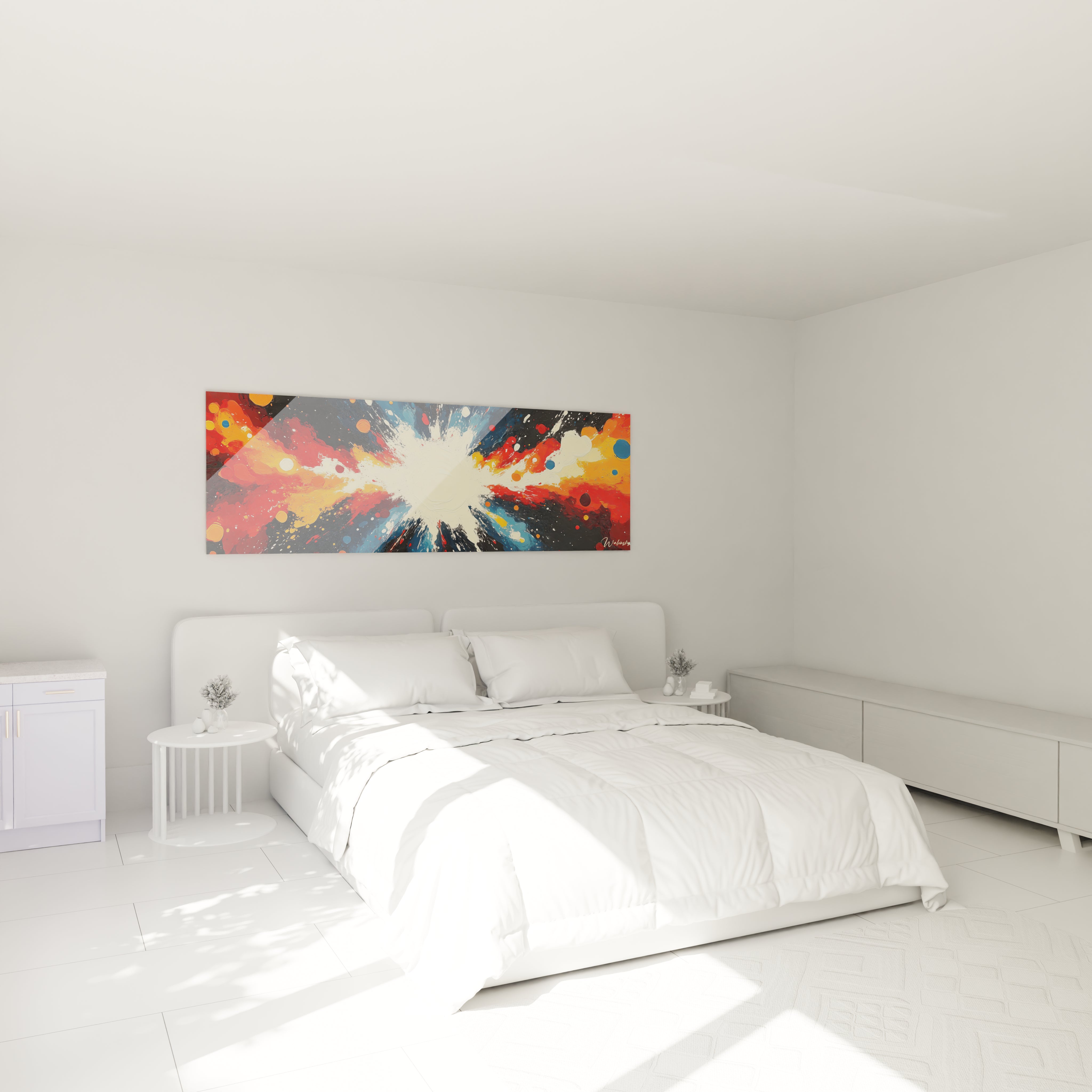 Tableau multicolore abstrait Walensky accroché au mur d'une chambre moderne lumineuse