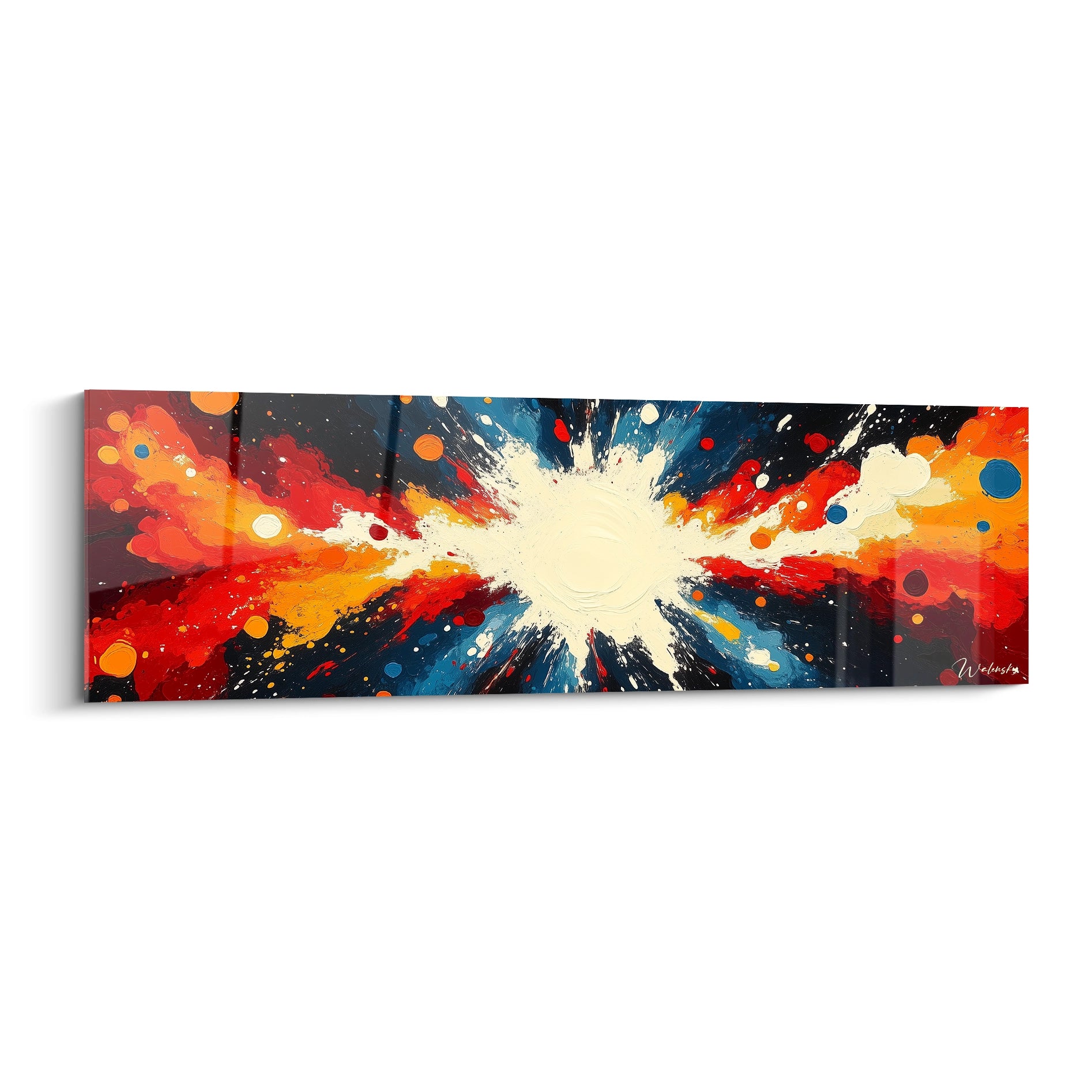 Tableau multicolore abstrait de Walensky avec des éclats de peinture rouge, bleu et orange