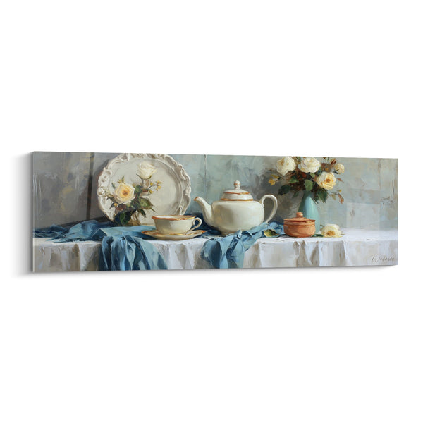 Still life schilderij van porselein wit en gele rozen op een blauwe tafelkleed - Verfijnde elegantie - Editie Japanse theepot