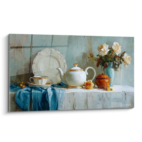 Still life schilderij witte theepot en rozen op blauwe tafelkleed - Verfijnde thee kunst - Japanse theepot editie