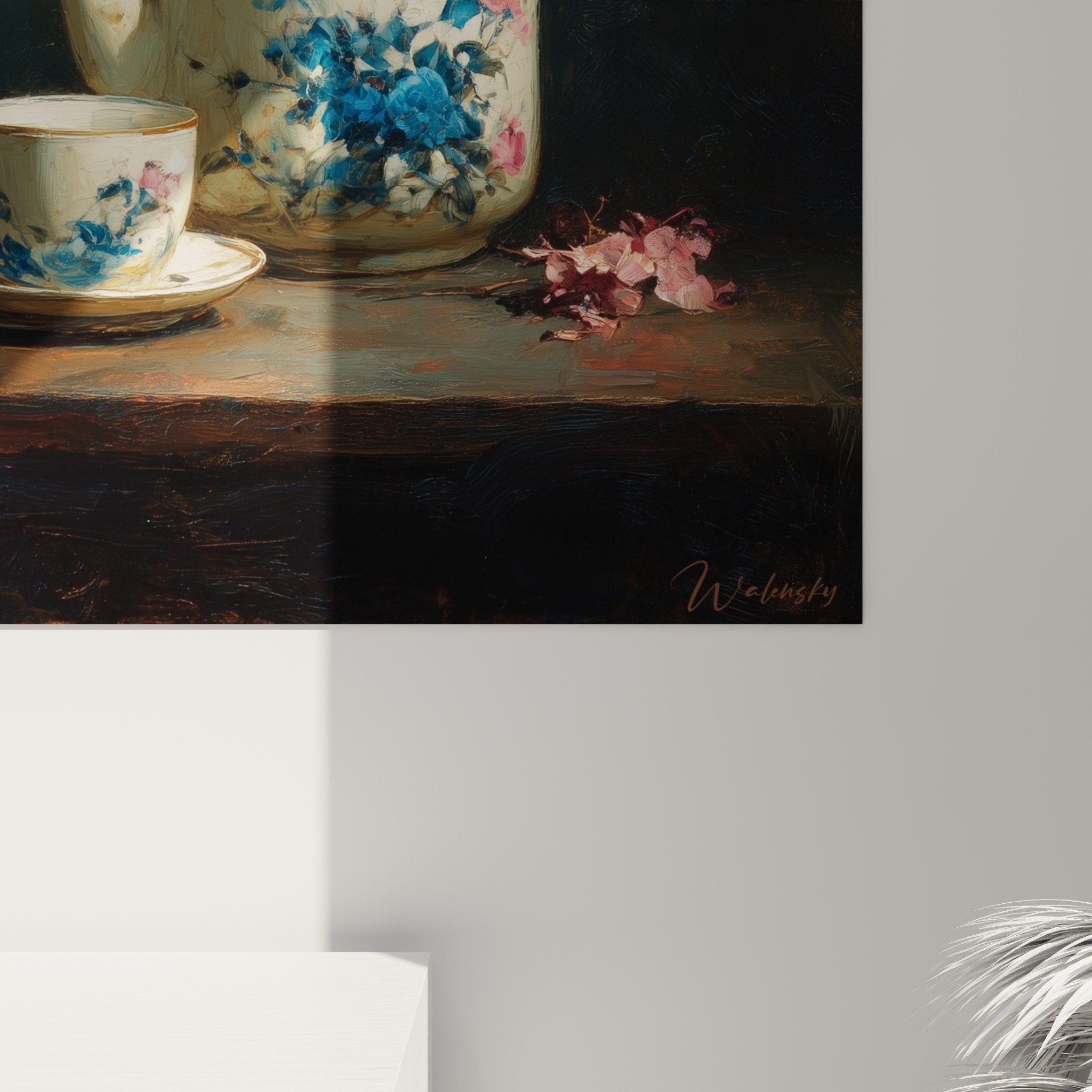 Vue ensemble tableau théière japonaise nature morte porcelaine tasses lumière dorée fond sombre