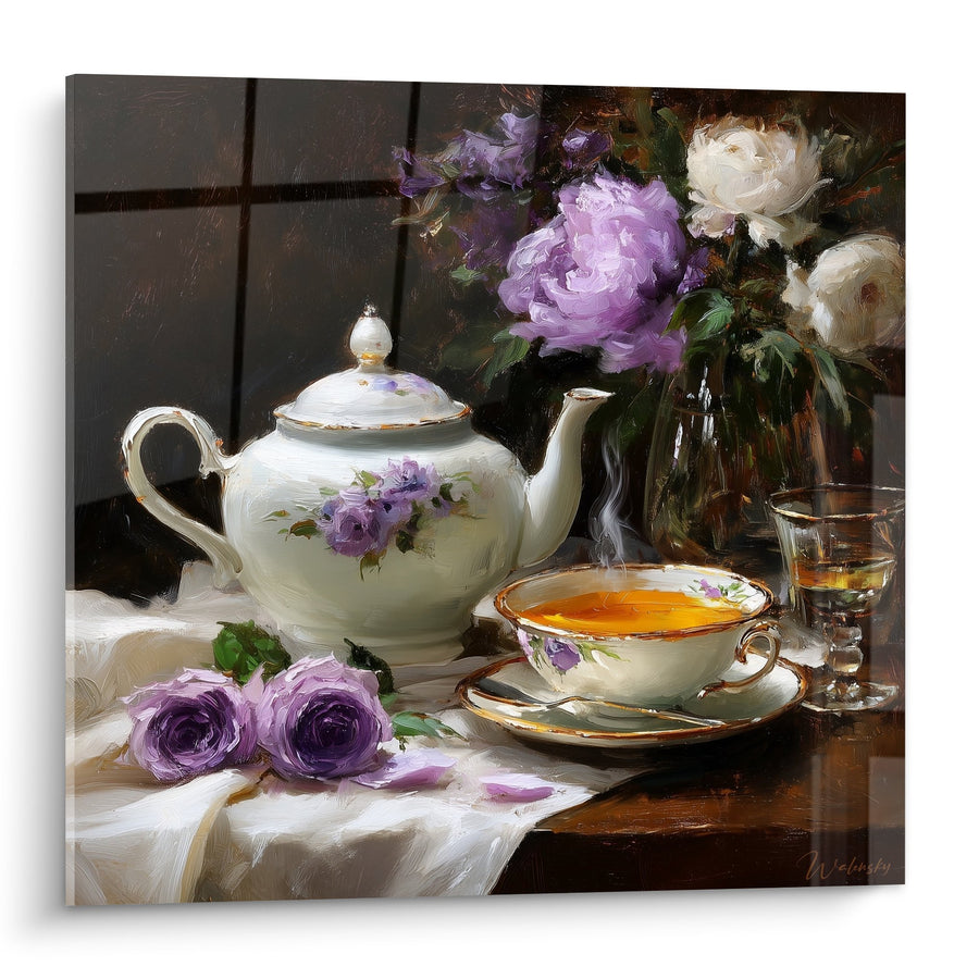 Tableau nature morte porcelaine et roses violettes sur table en bois - Élégance florale - Edition théière japonaise