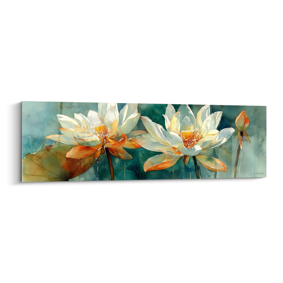 Gemälde Seerosenblüten Weiß und Orange auf türkisblauem Aquarell-Hintergrund - Aquatische Ruhe - Seerosenausgabe