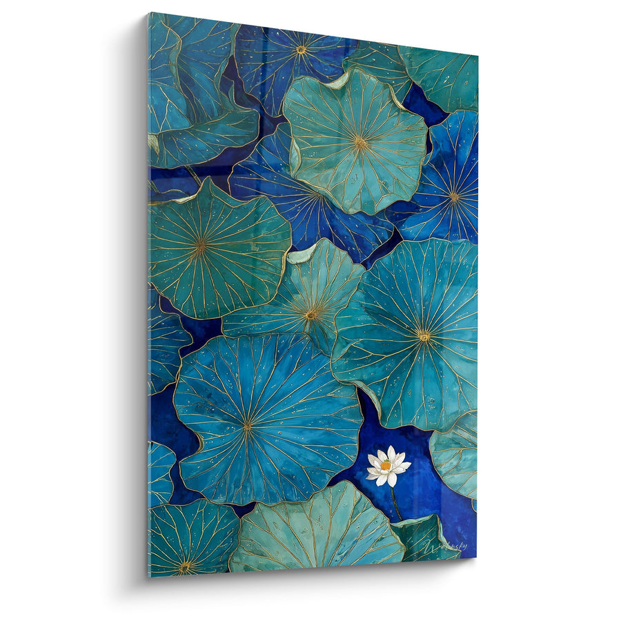 Tableau Feuilles de Lotus Bleu Turquoise aux Veines Dorées avec Fleur Blanche - Sérénité Aquatique - Edition Nénuphare