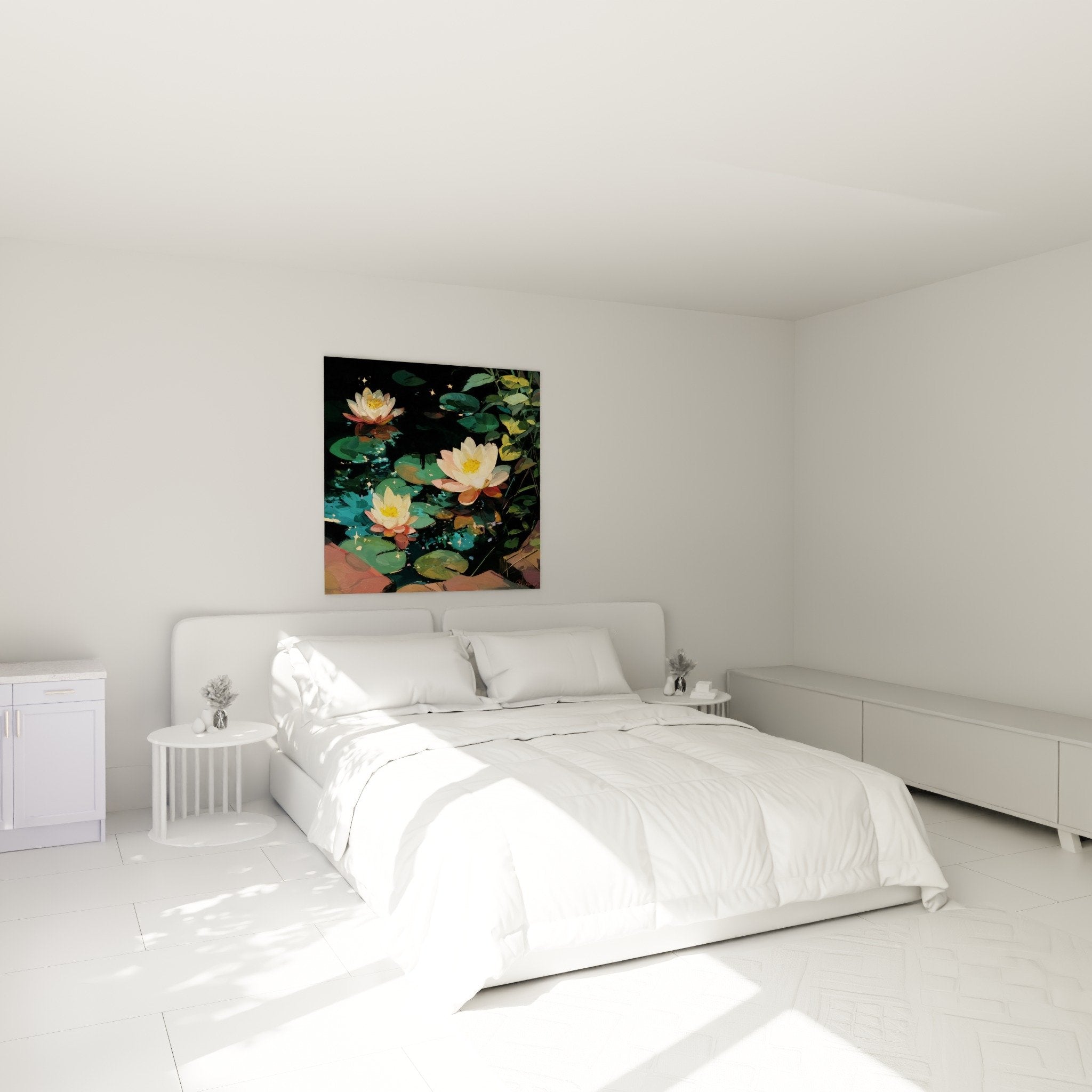Luminous water lilies wall art in modern bedroom with soothing tones - Zen wall decor Water Lily Edition