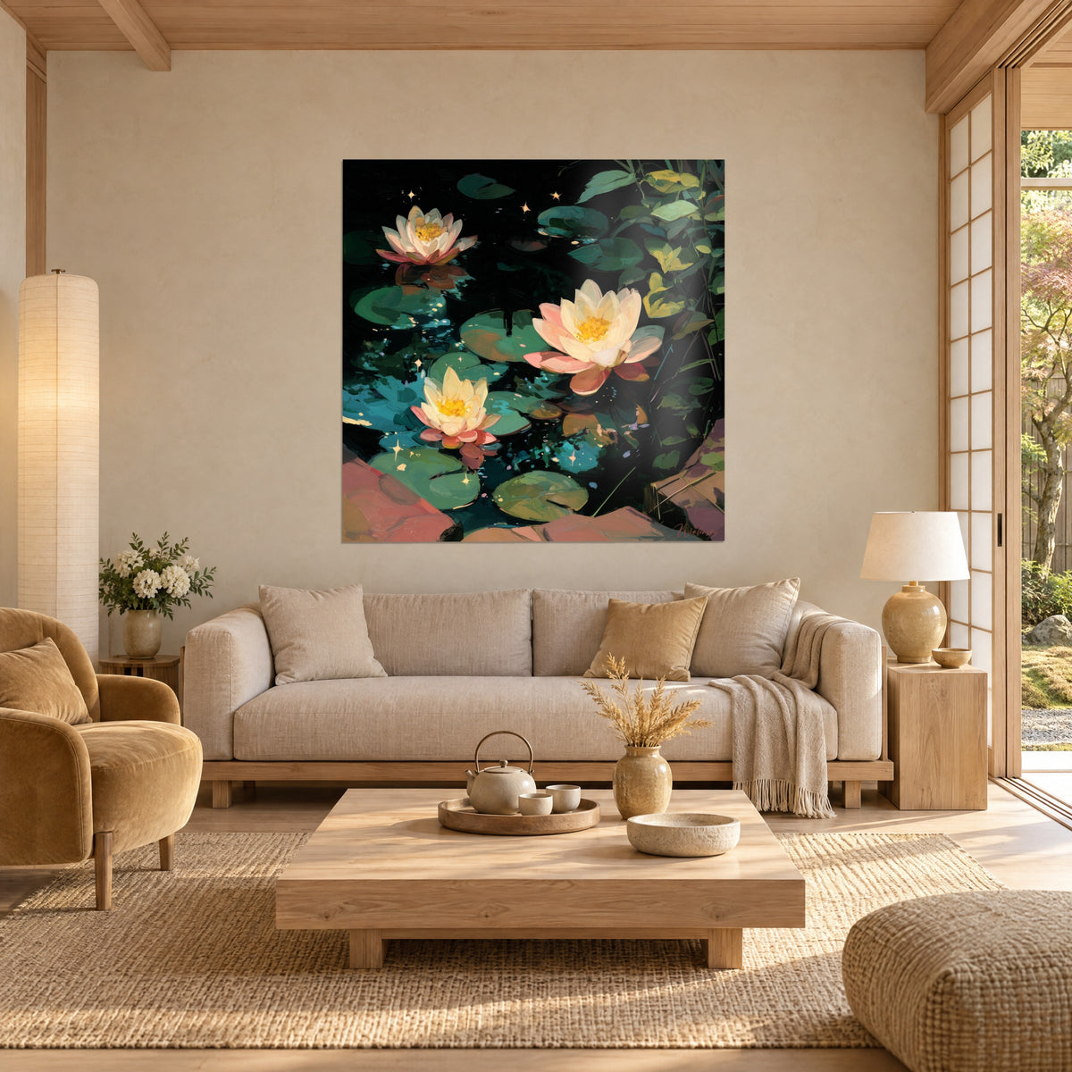 Quadro ninfee crema e rosa che galleggiano su acqua nera, foglie verde salvia, stelle dorate, sopra un divano in un soggiorno luminoso
