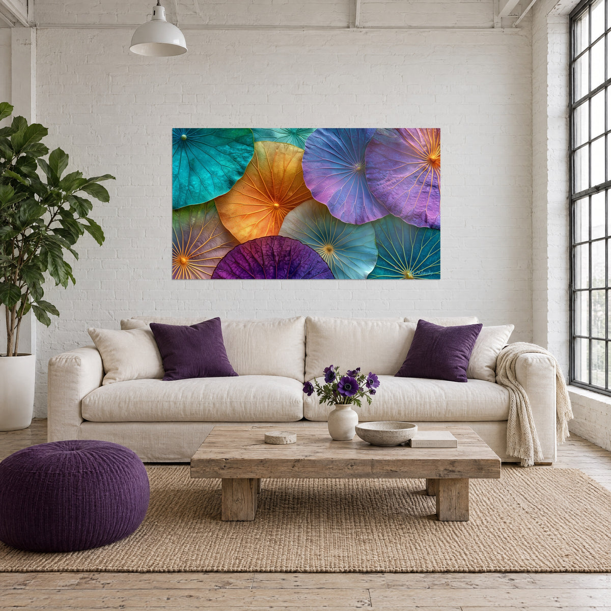 Gemälde mit türkisfarbenen, orangefarbenen und violetten Lotusblättern mit goldenen sternförmigen Adern, über einem Sofa in einem hellen Wohnzimmer