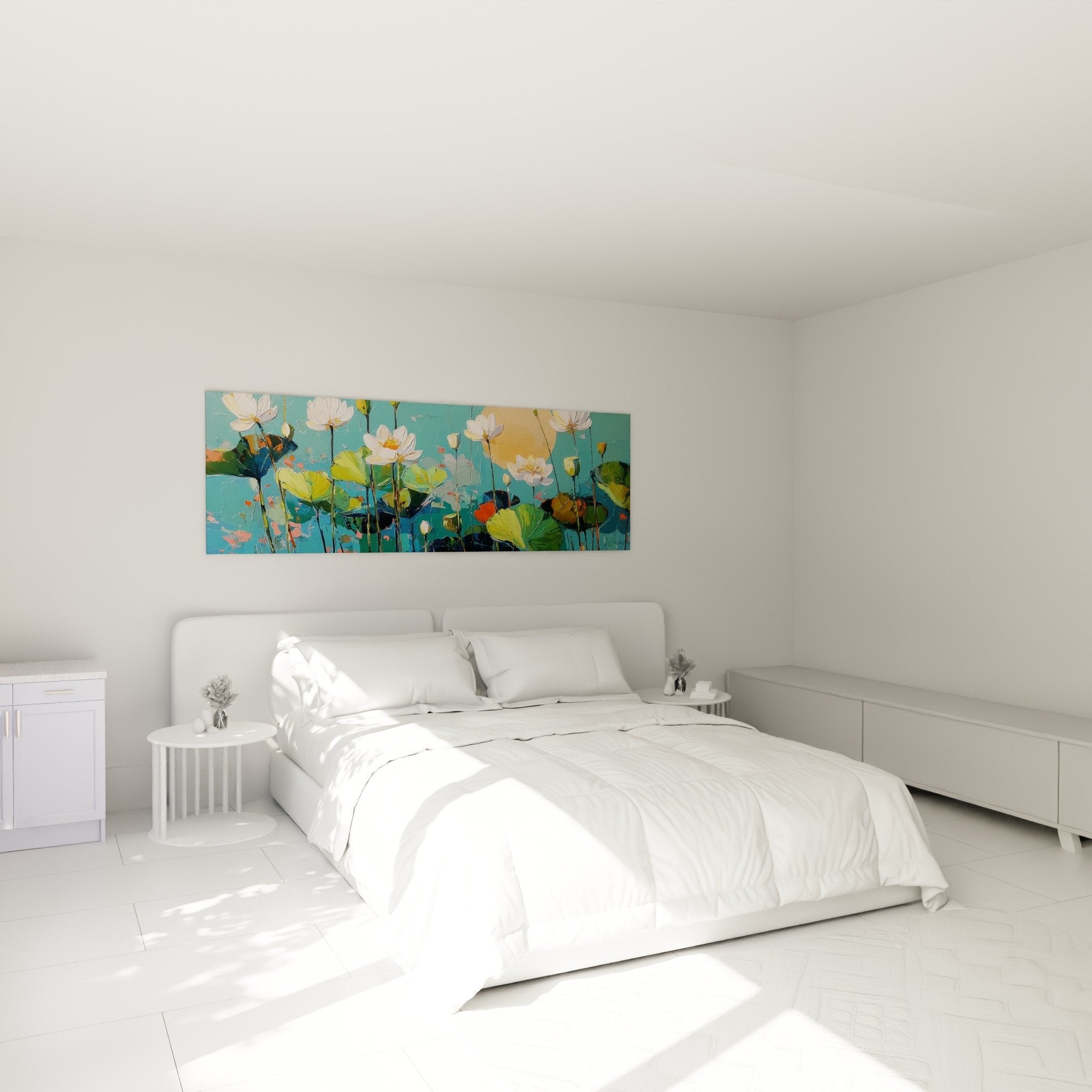 Tableau nénuphars blancs dans chambre moderne avec décoration zen turquoise et bois naturel