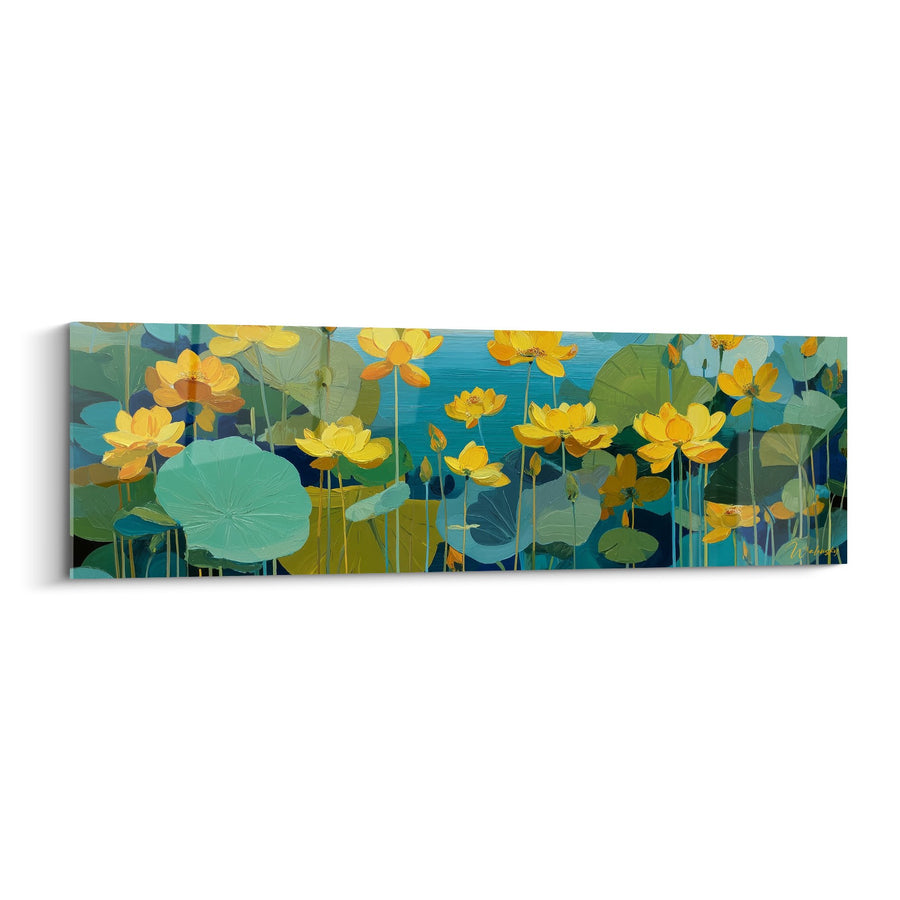 Schilderij Gouden Bloemen op Turkooizen Vijver - Aquatische Symfonie - Waterlelie Editie