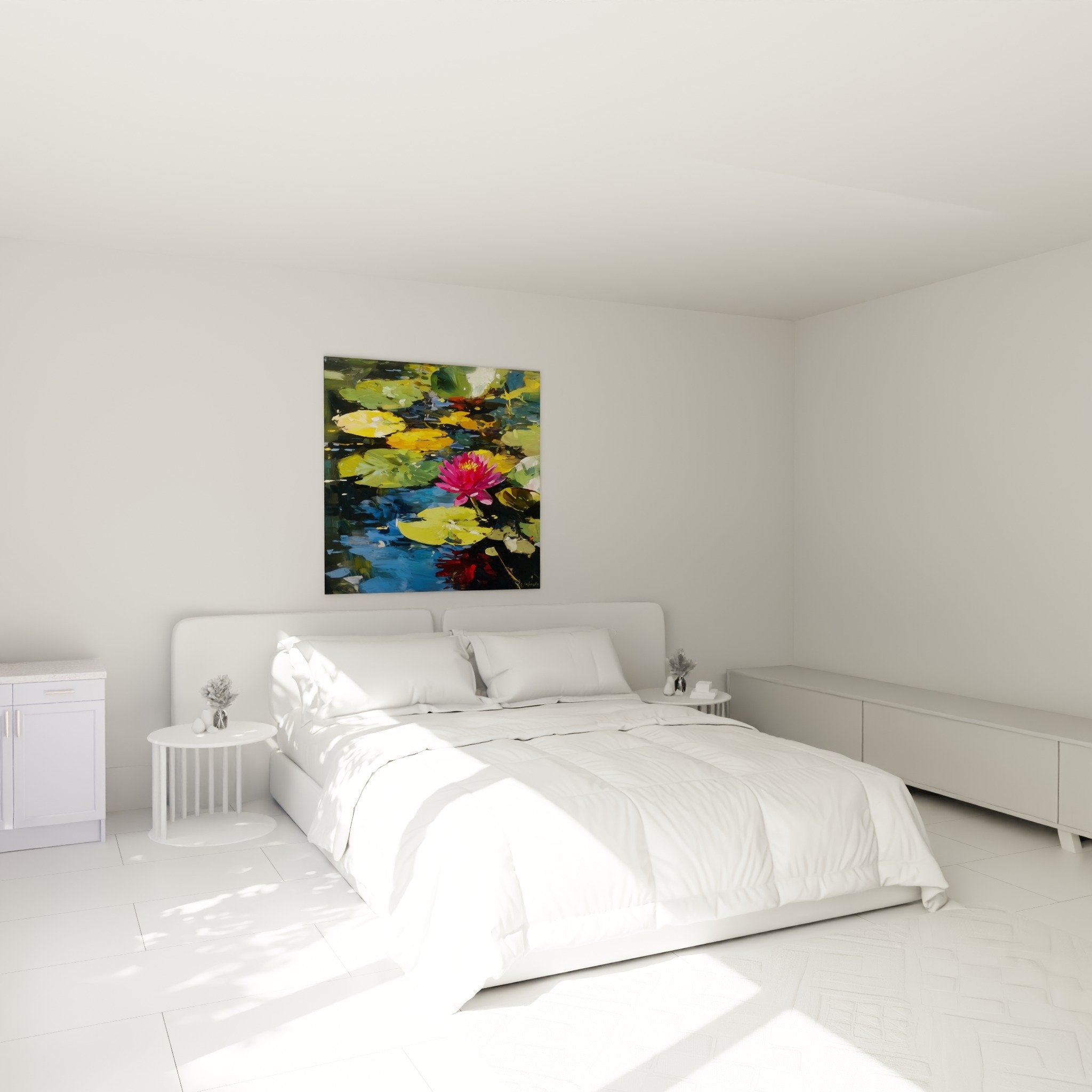 Tableau nénuphar rose dans chambre moderne décoration murale apaisante reflets aquatiques dorés