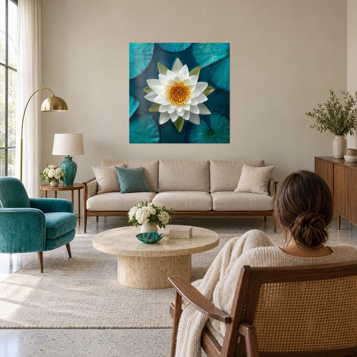 Gemälde Seerose weiß mit perlmuttschimmernden Blütenblättern, goldenes Herz, türkisfarbene Blätter, über einem Sofa in einem hellen Wohnzimmer