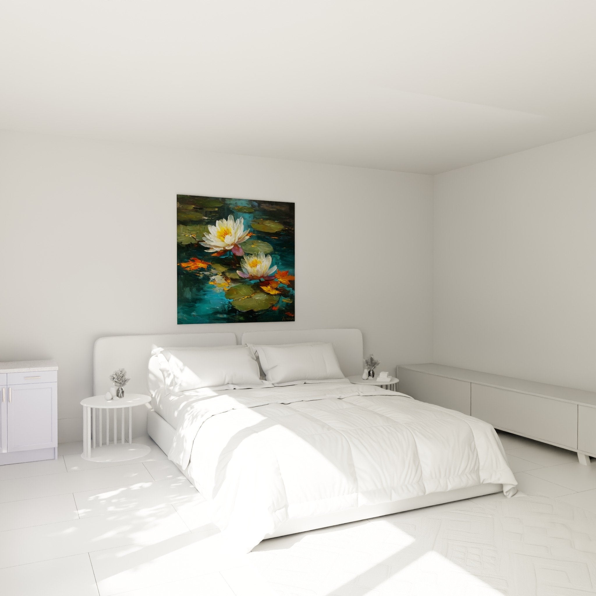 tableau nenuphars blancs chambre mur beige decoration zen art impressionniste fleurs lotus
