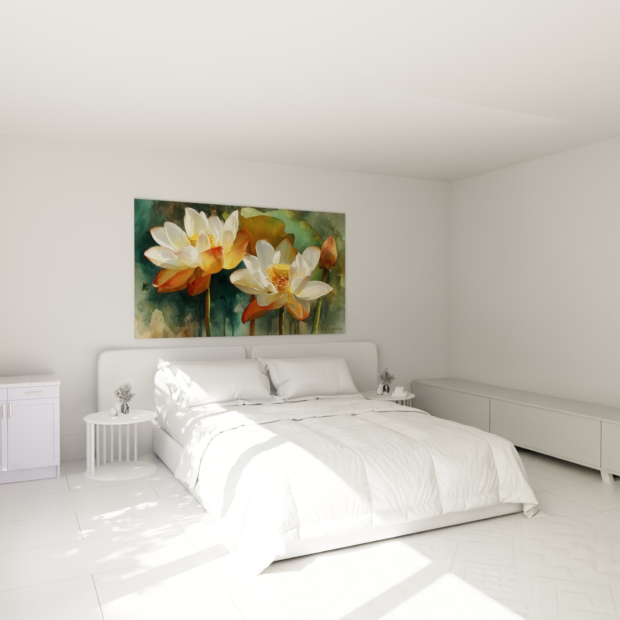 Tableau nénuphars blancs et dorés dans chambre moderne, ambiance apaisante et naturelle