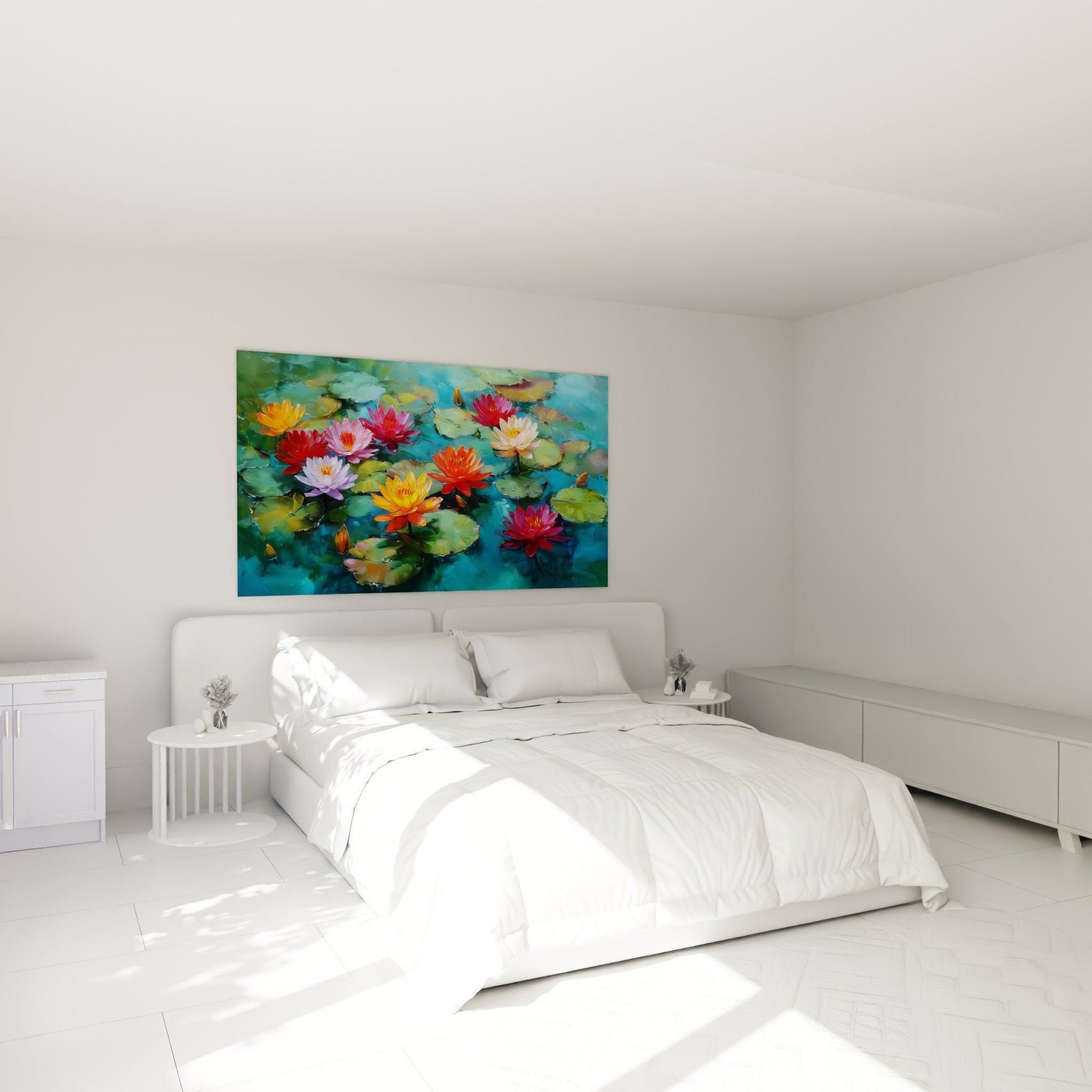 Tableau nénuphars multicolores dans chambre moderne mur blanc décoration florale aquatique apaisante