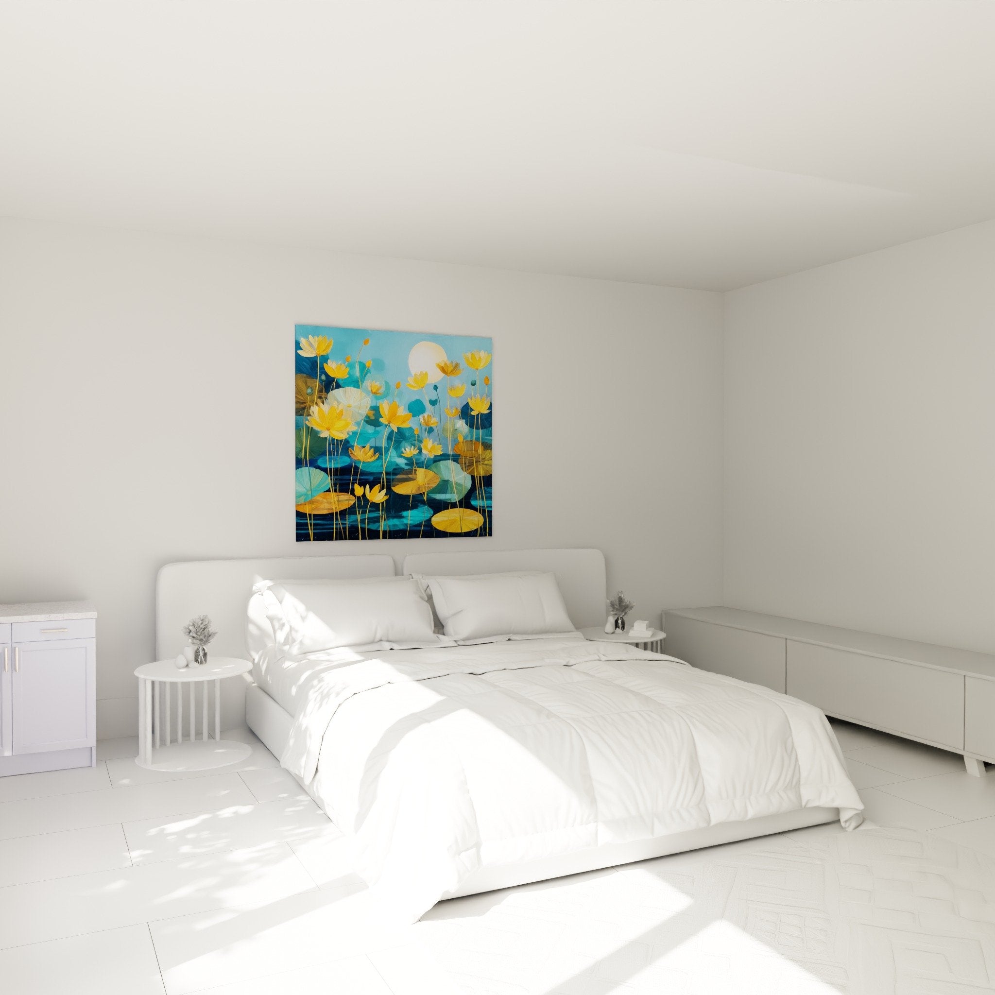 Tableau nénuphars dorés dans chambre moderne, ambiance apaisante avec tons turquoise et or lumineux