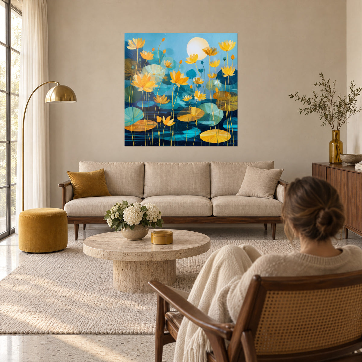 Quadro di ninfee dorate sotto una luna pallida, fiori giallo zafferano su acqua blu notte, sopra un divano in un soggiorno luminoso