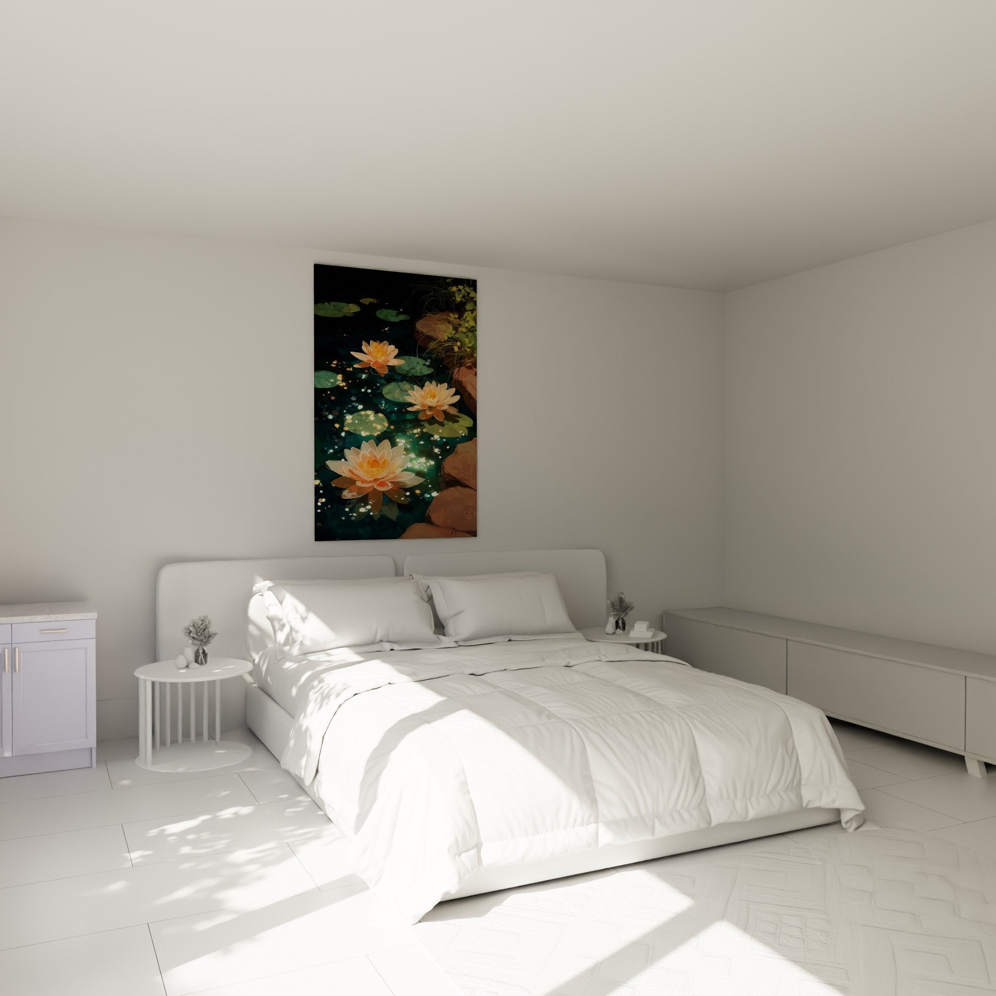 Tableau nénuphars orange dans chambre moderne avec décoration zen et mobilier en bois naturel
