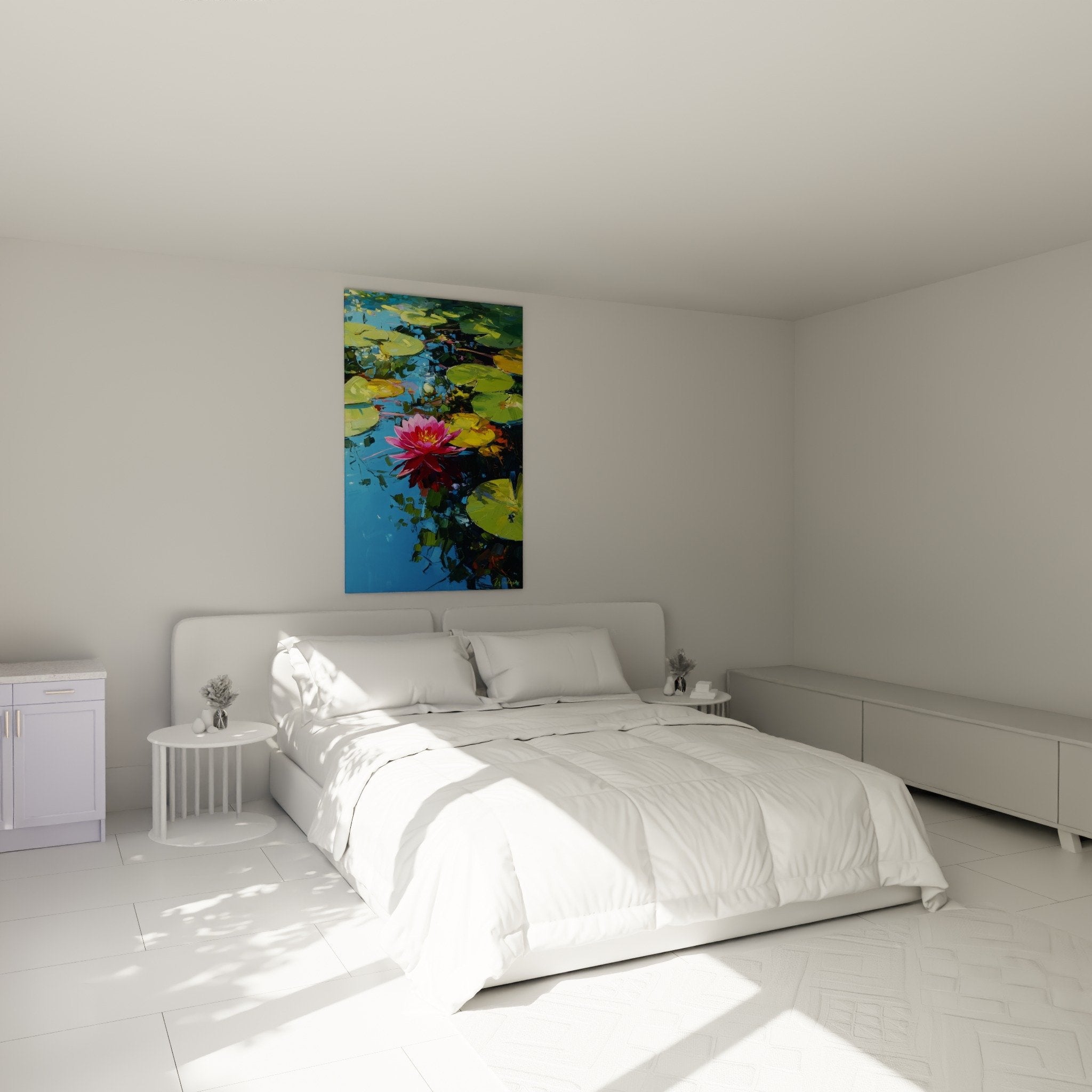 tableau nenuphars roses dans chambre moderne mur blanc decoration zen aquatique