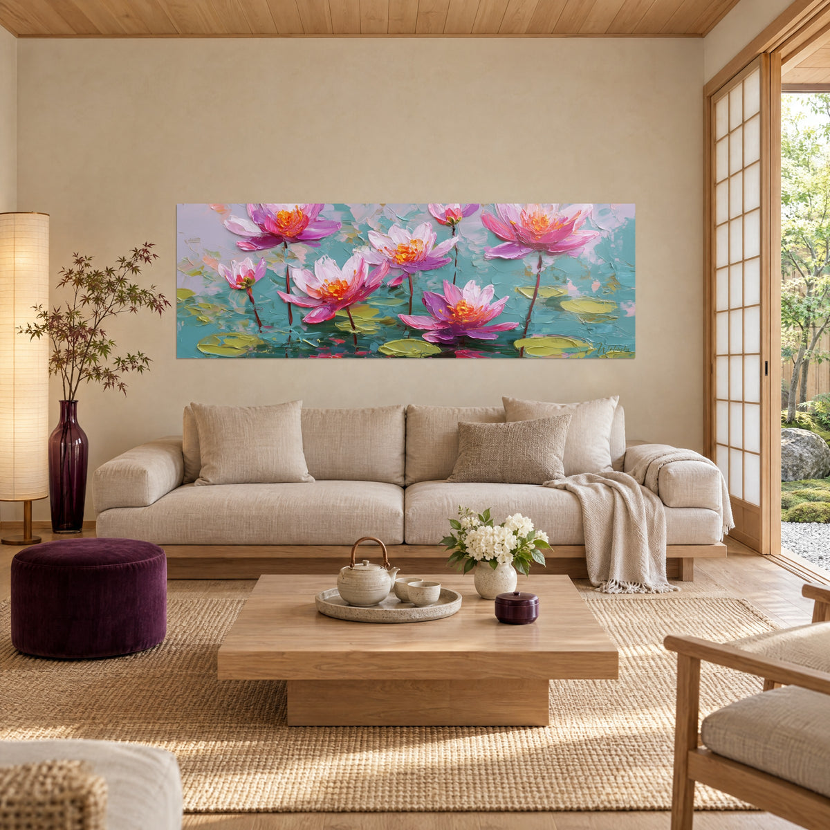 Wall art of pink water lilies with orange hearts on turquoise water, thick impasto brushstrokes, above a sofa in a bright living room