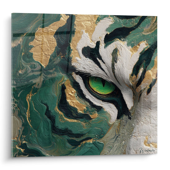 Tigerkristall mit Smaragdgruen und Gold auf marmorniertem Hintergrund - Wilder Blick - Tiger Edition