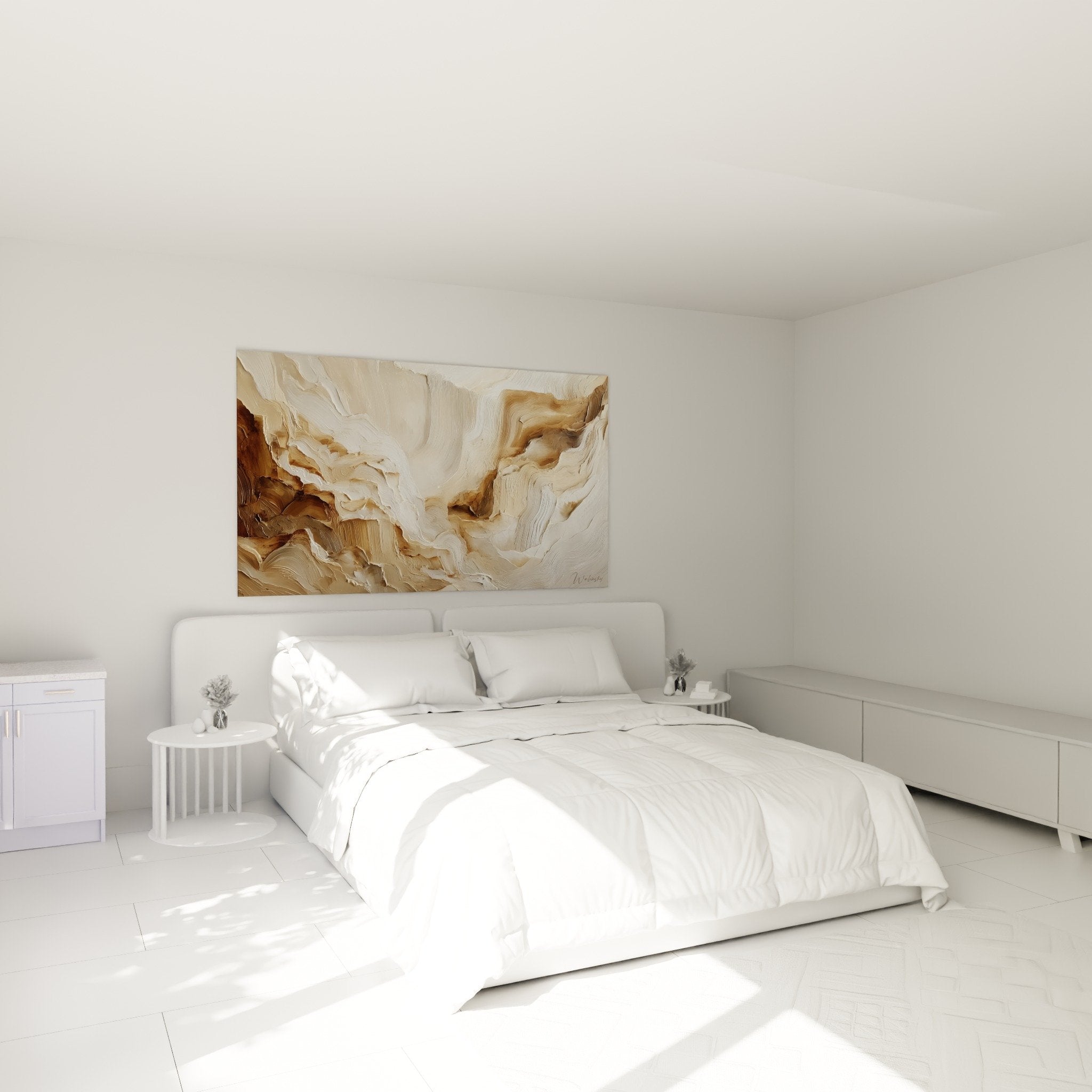 Œuvre abstraite tons beiges dans chambre moderne, créant ambiance apaisante et naturelle