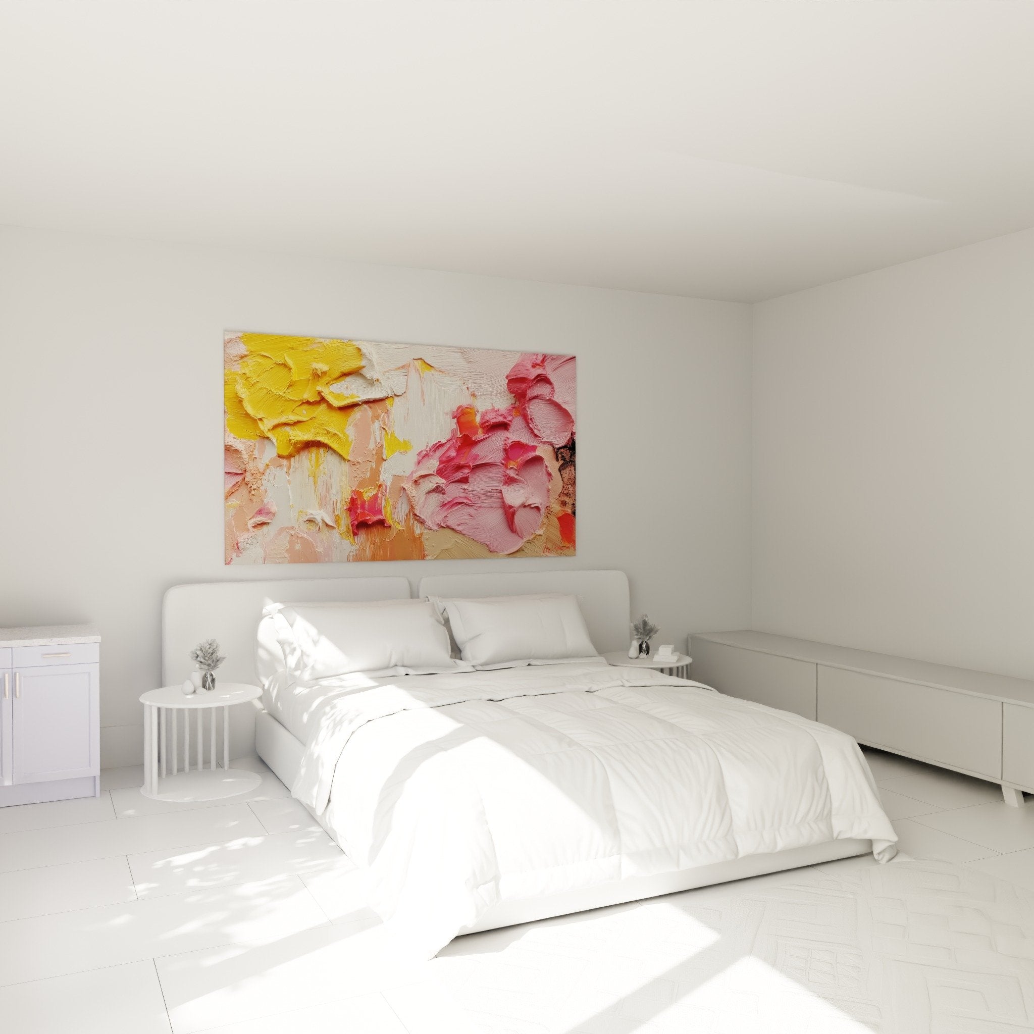 Œuvre abstraite jaune rose dans chambre moderne décoration feng shui harmonie couleurs