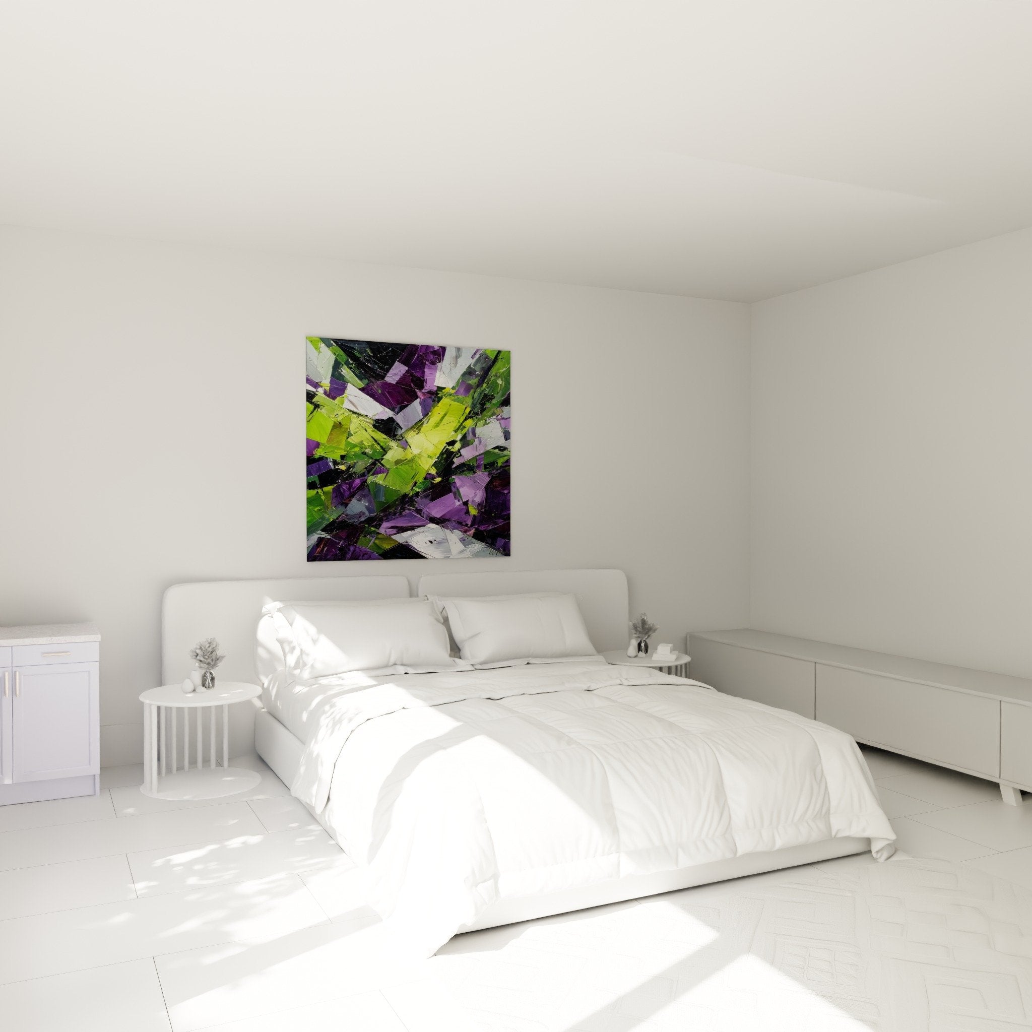 Abstract green and purple artwork in modern bedroom with contemporary feng shui furniture