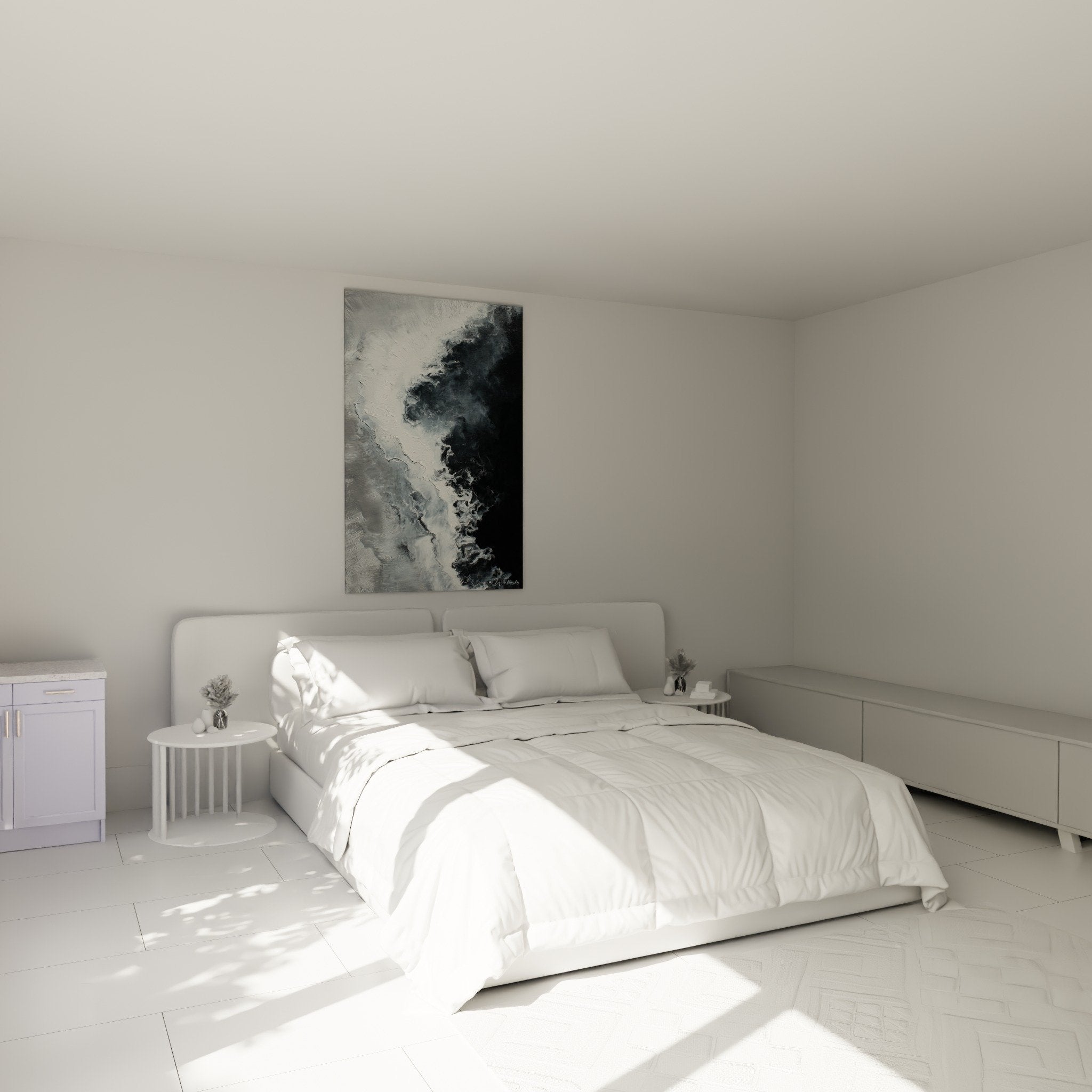 Œuvre abstraite monochrome dans chambre moderne, harmonisation énergétique feng shui secteur nord-ouest métal