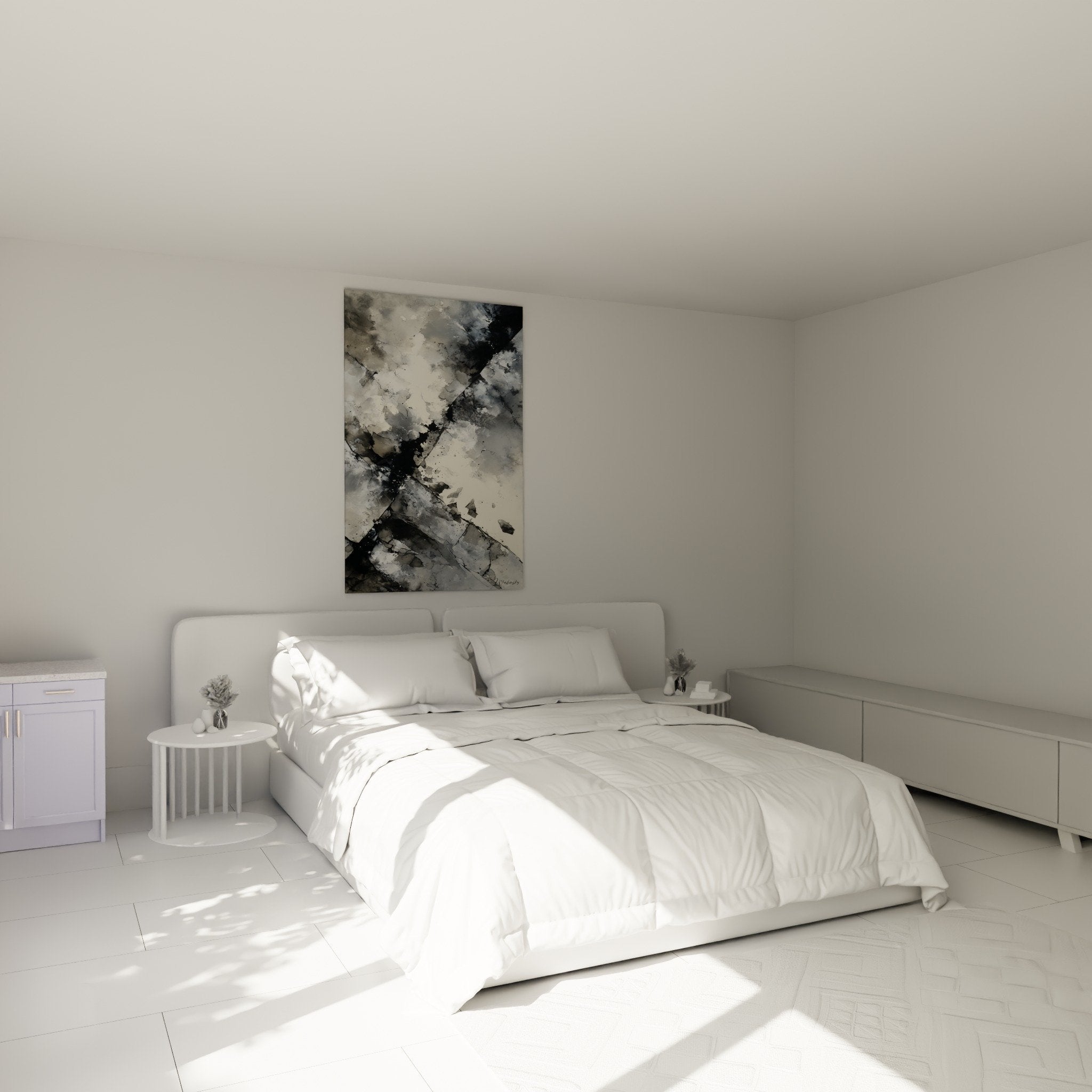 Abstract monochrome artwork in modern bedroom with grey tones feng shui west metal
