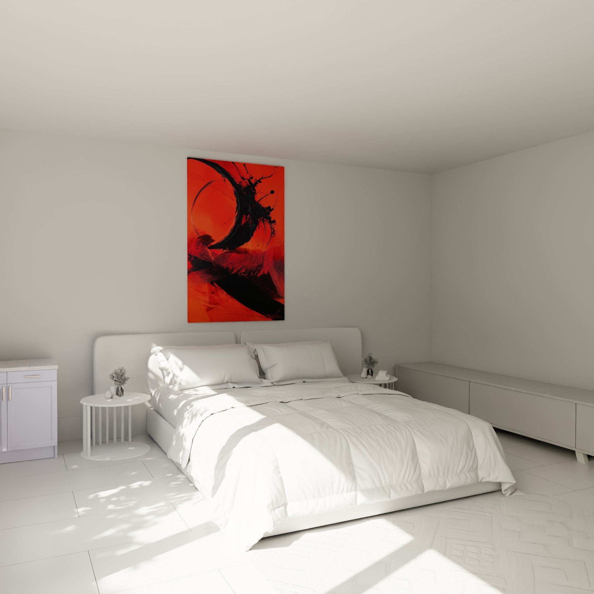 abstrates rotes und schwarzes Kunstwerk im modernen Schlafzimmer dynamische gestalterische Komposition Feng Shui dekorativ