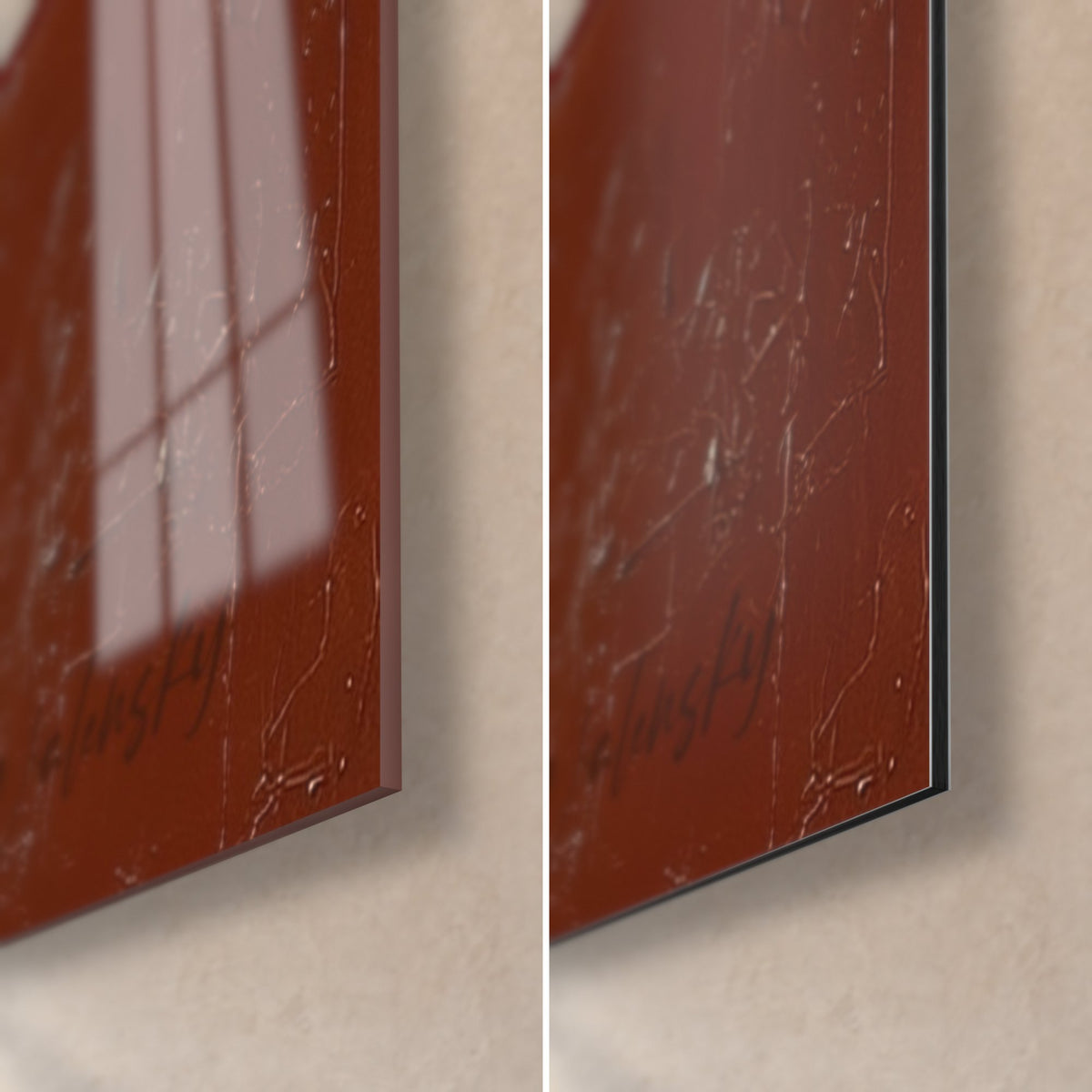 Tableau éclaboussures rouge brique et noir, coin bas droit en verre brillant et Dibond mat, tranche de 3 mm