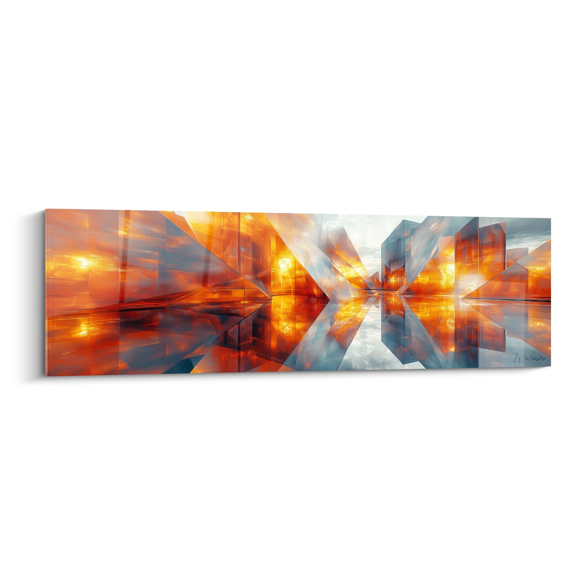 Tableau géométrique abstrait Walensky avec reflets orange et bleu pour une décoration moderne