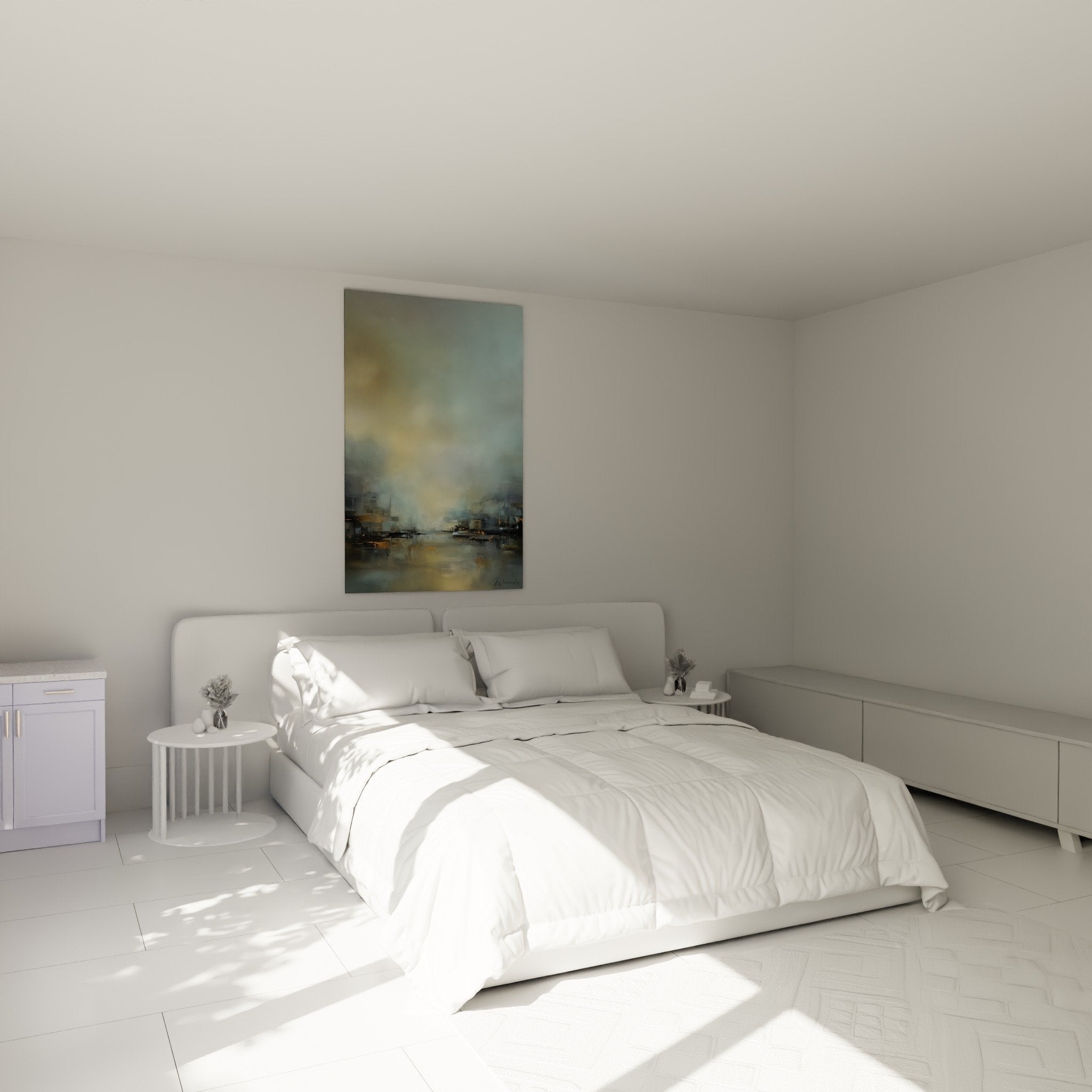 Oeuvre abstraite bleu doré dans chambre moderne ambiance zen feng shui nord-ouest métal