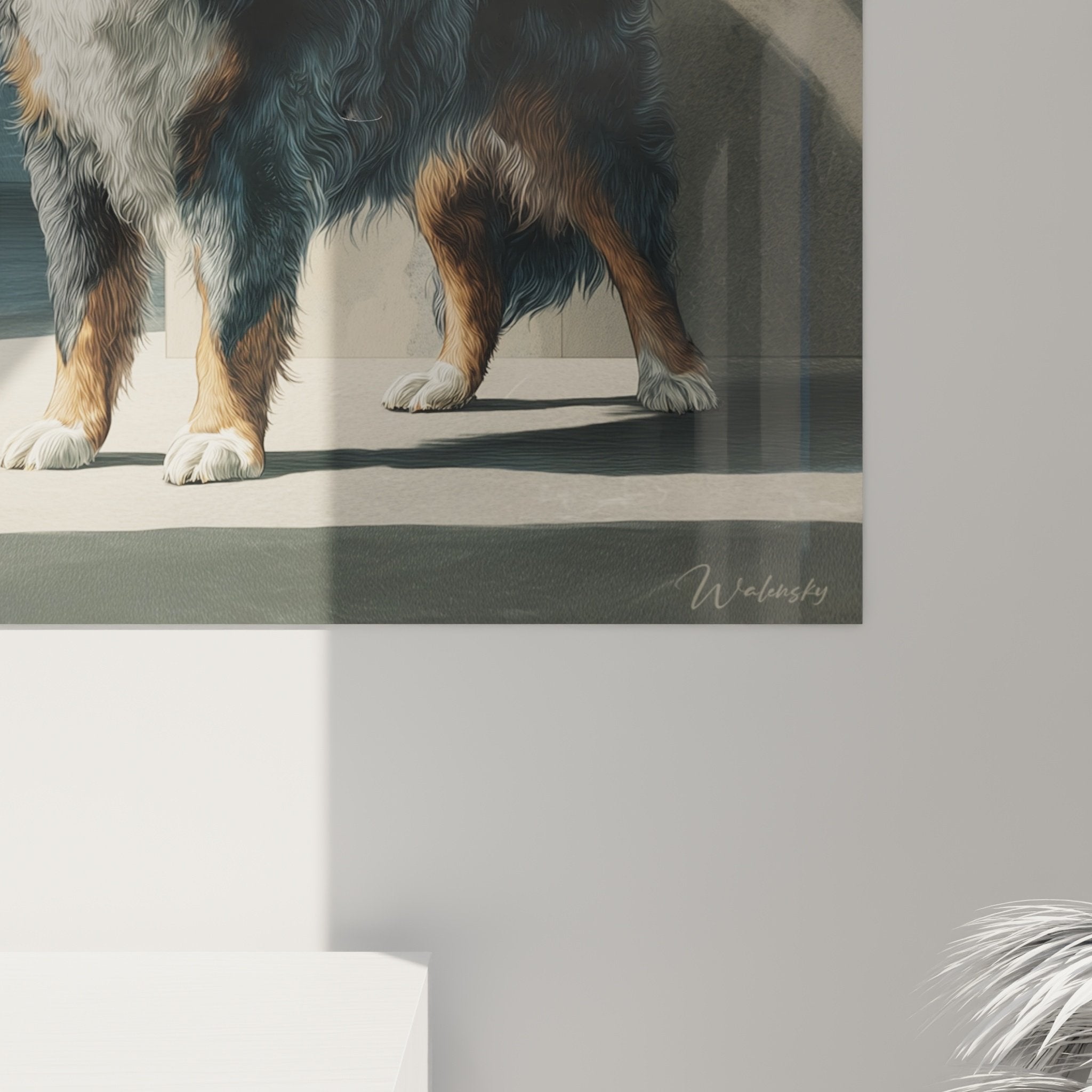 Overview of noble Bernese Mountain Dog artwork in refined architectural setting