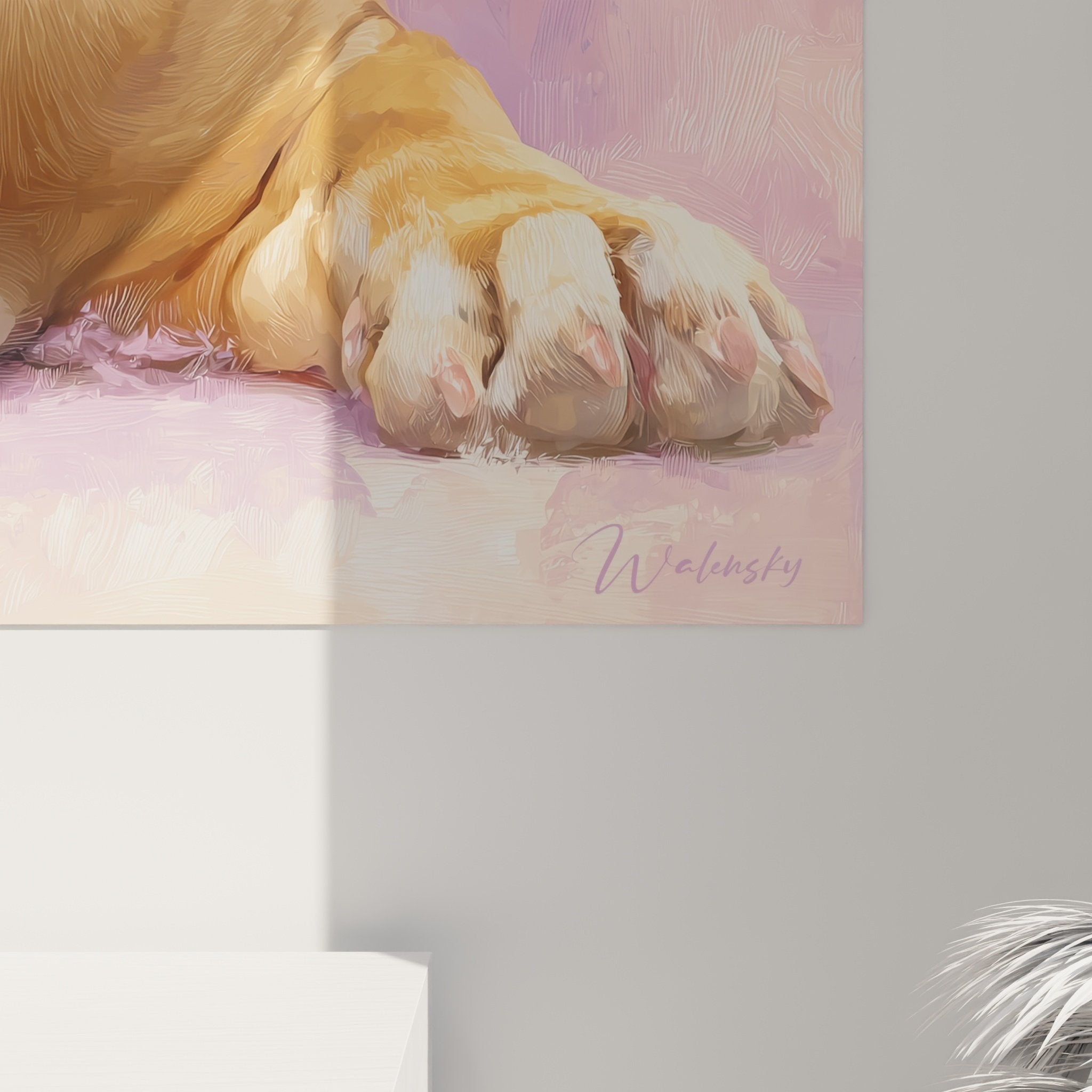 Vue d'ensemble œuvre Dogue de Bordeaux mélancolique, palette pastel rose violet, style contemporain poétique