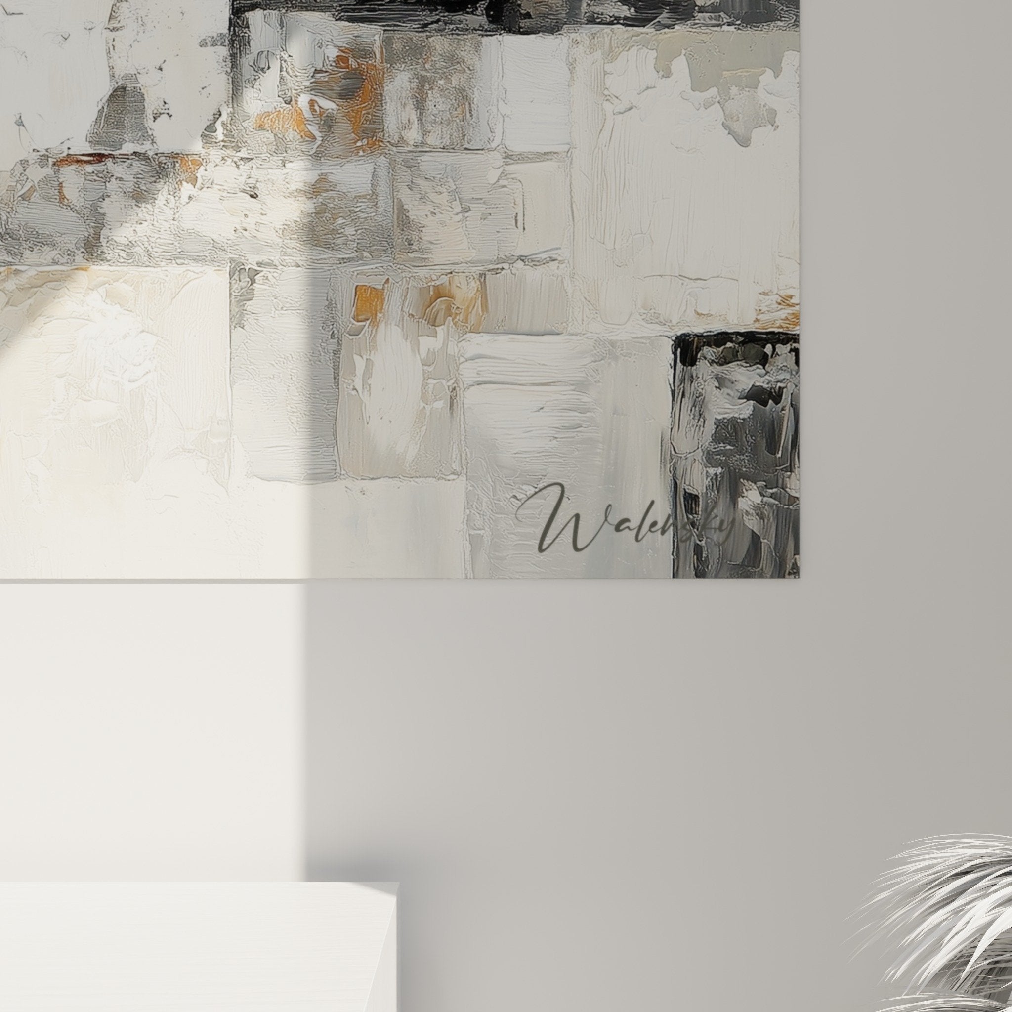 Abstract geometric artwork modern living room mosaic rectangles gray beige palette wall decoration