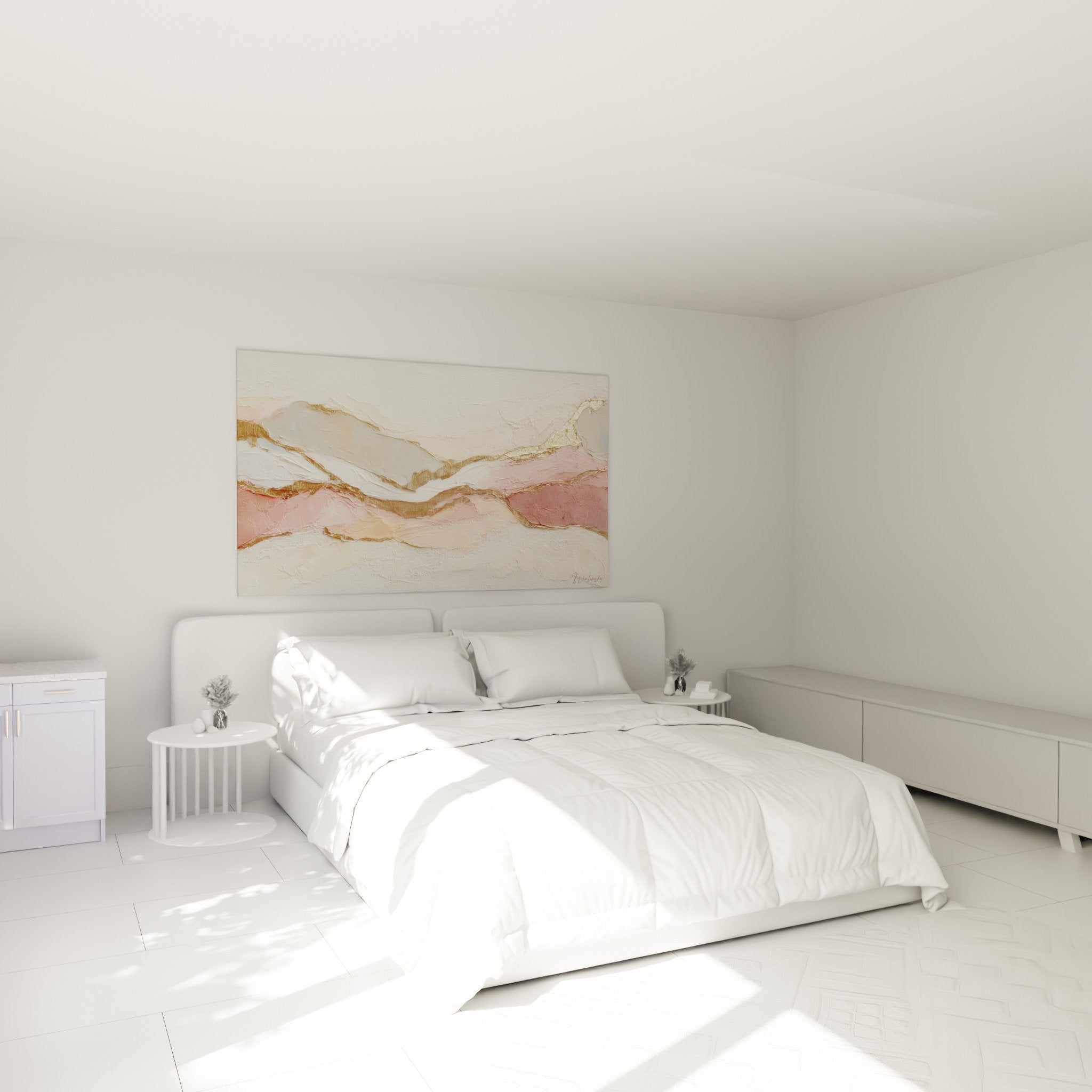 Abstract pink and gold artwork in modern bedroom, soft and soothing feng shui earth-centered ambiance