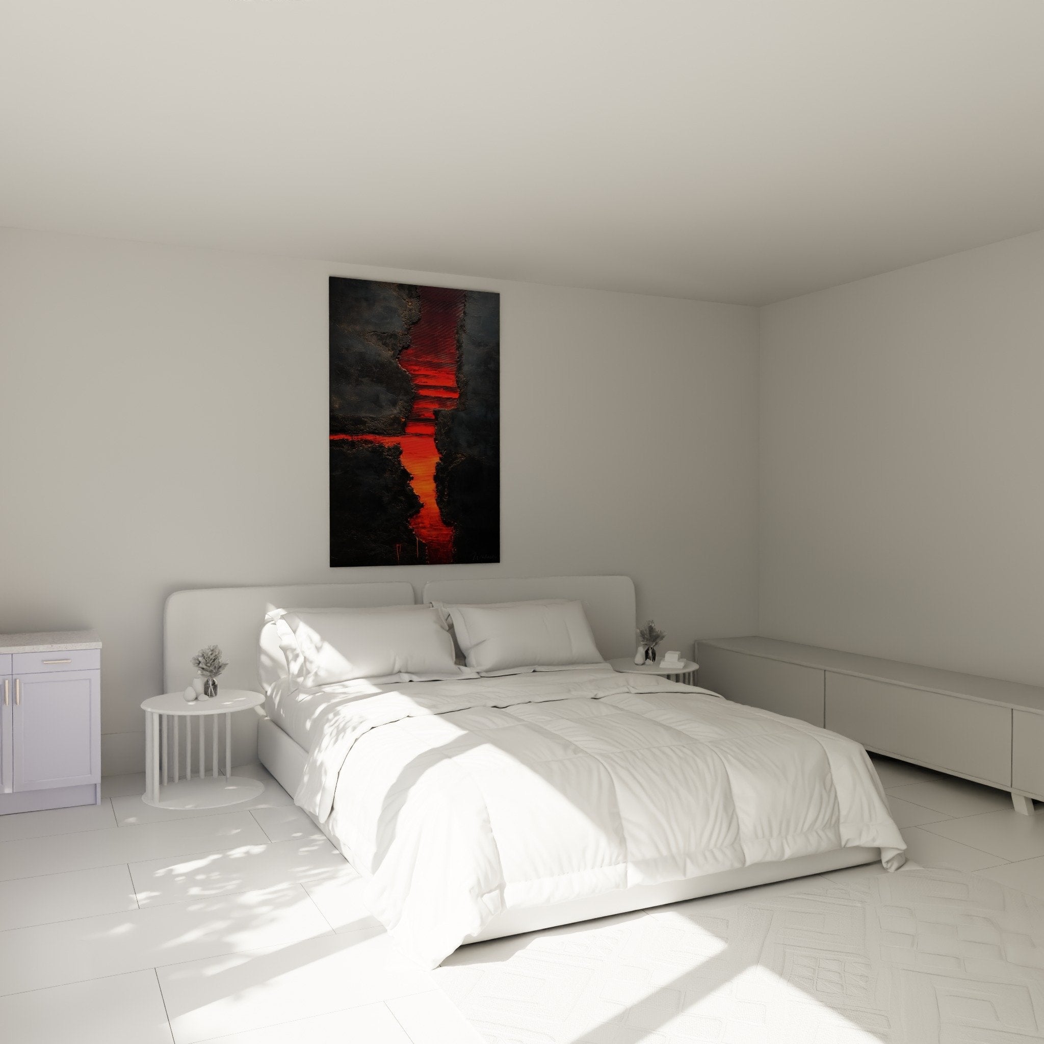 Vulkanisches rot-schwarzes Wandkunstwerk in modernem Schlafzimmer mit zeitgenössischem Stil