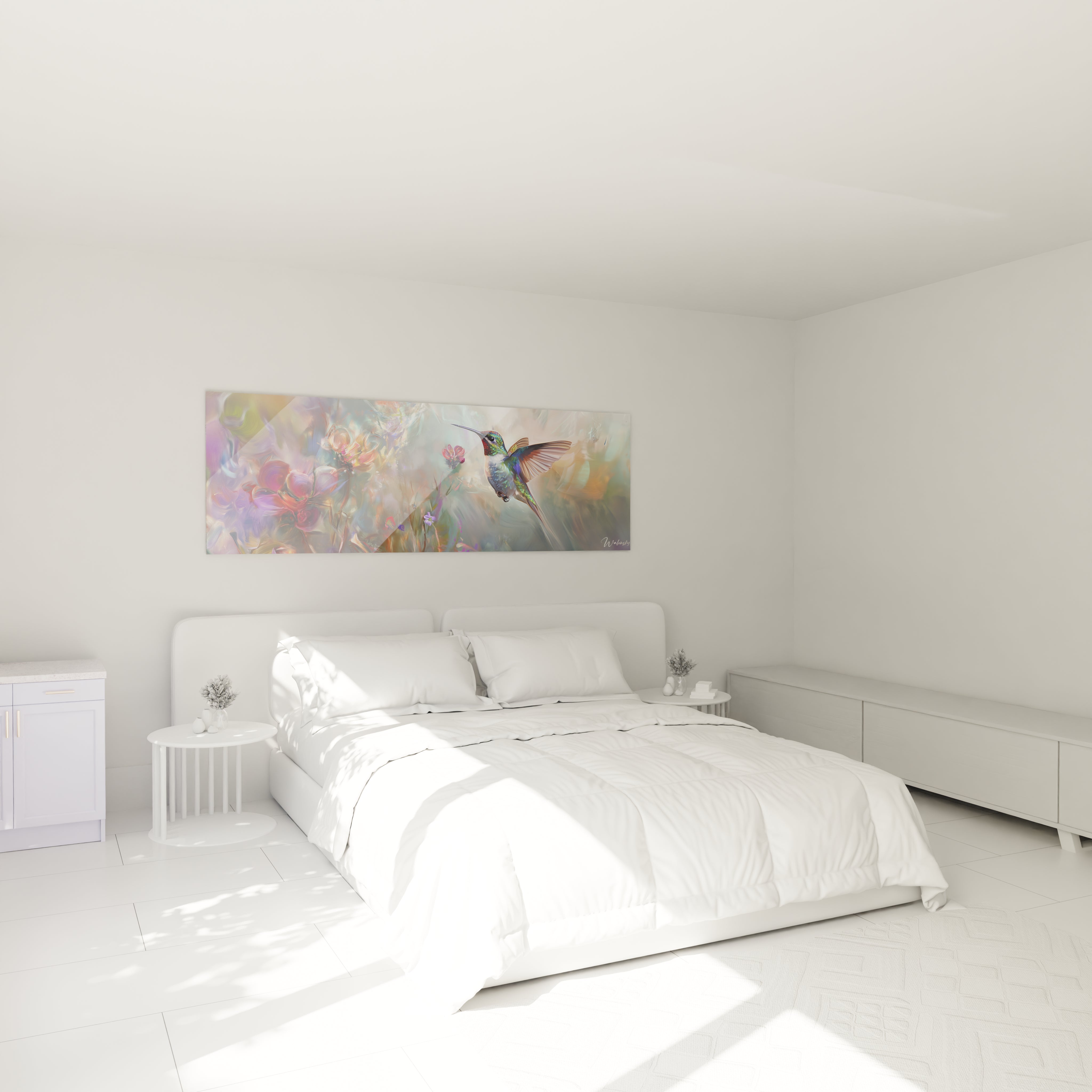 Tableau colibri de Walensky avec des couleurs pastel, parfait pour une décoration moderne de chambre