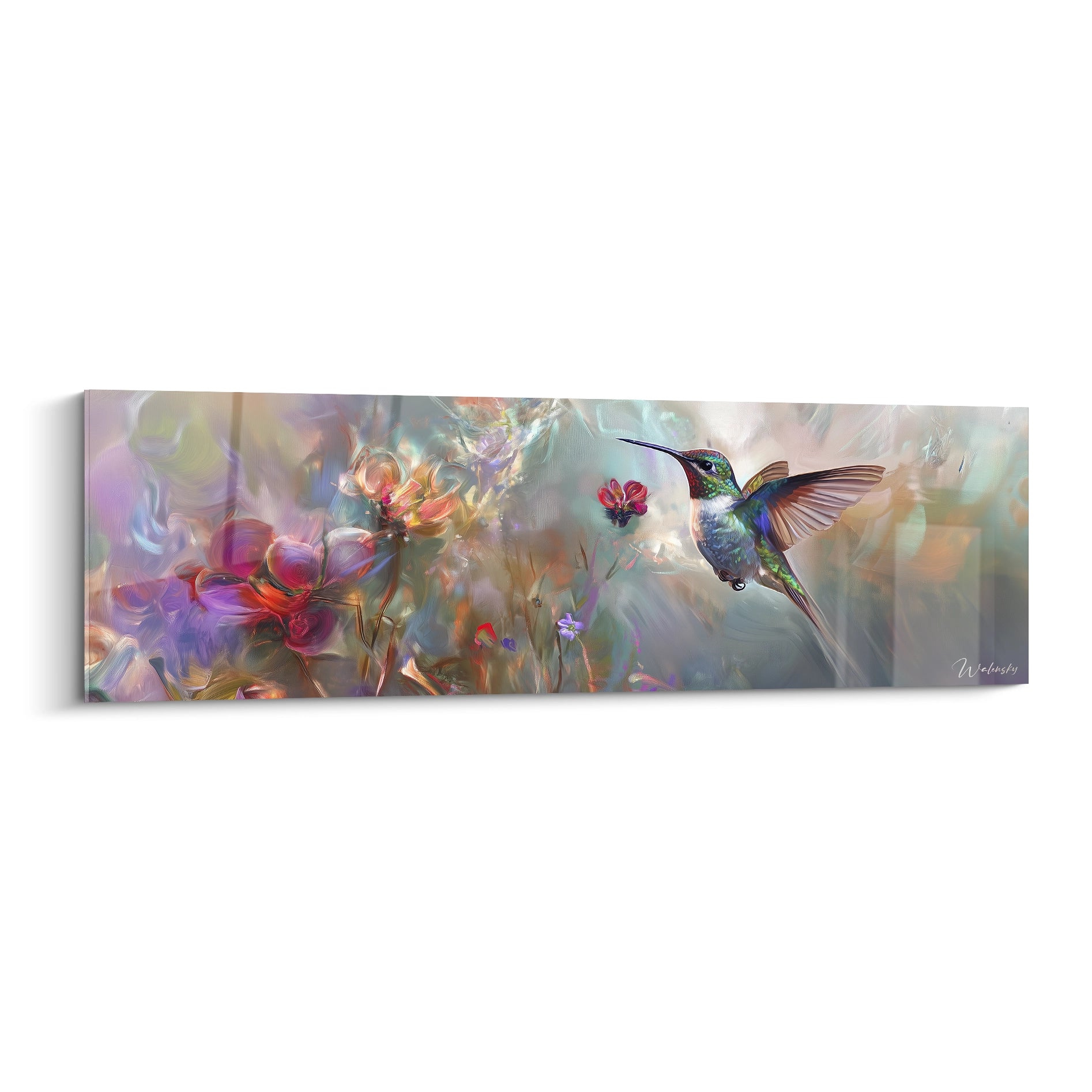Tableau de colibri coloré avec des fleurs vibrantes par Walensky, ajoutant une touche artistique à votre décoration