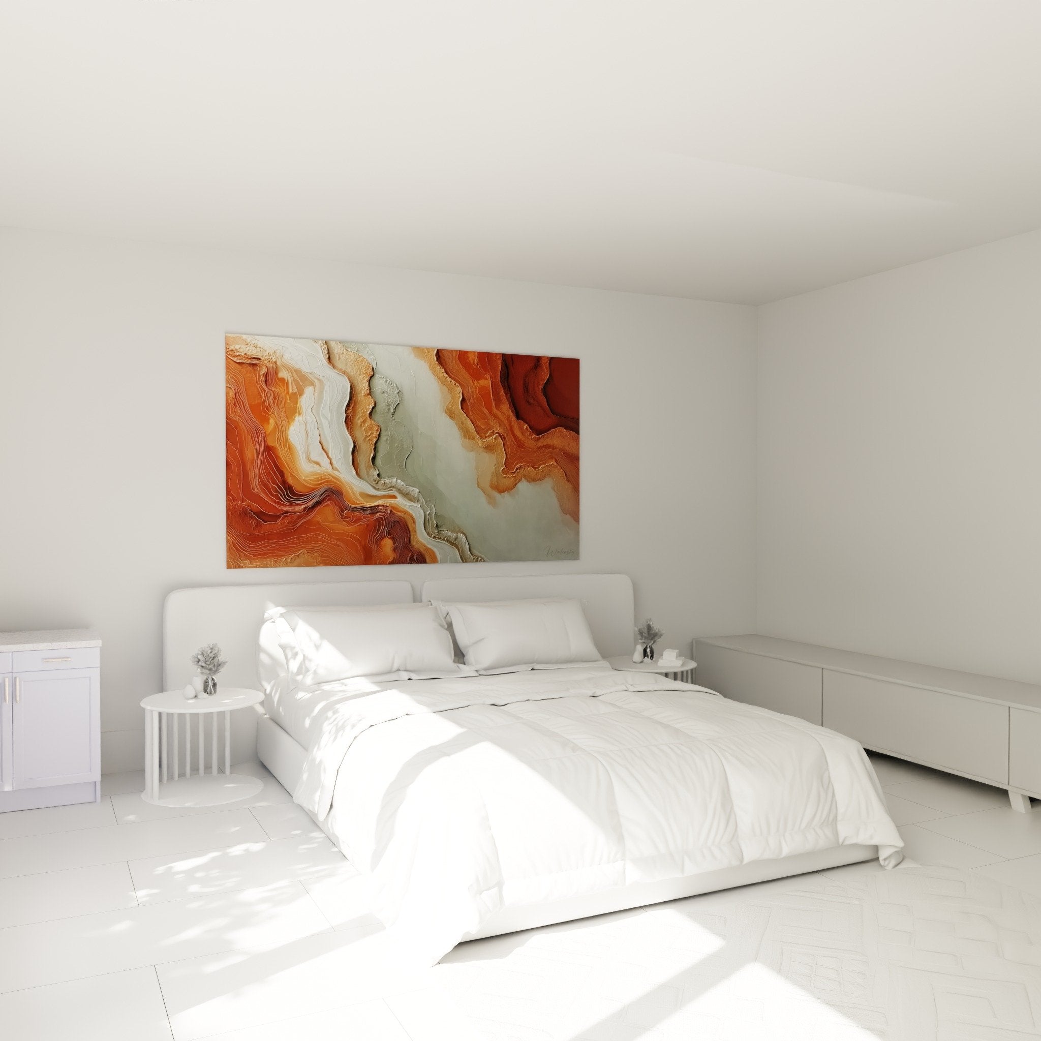 Tableau ondulations orange gris au mur chambre decoration feng shui nord est terre zen