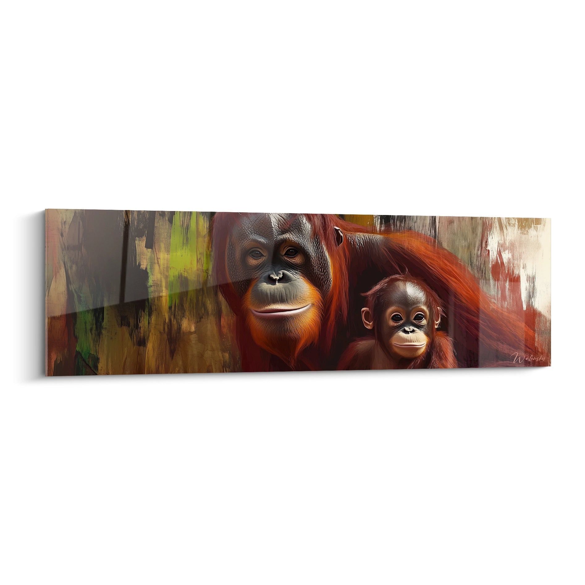 Tableau Walensky orang outan et bébé sur fond artistique abstrait aux couleurs chaudes