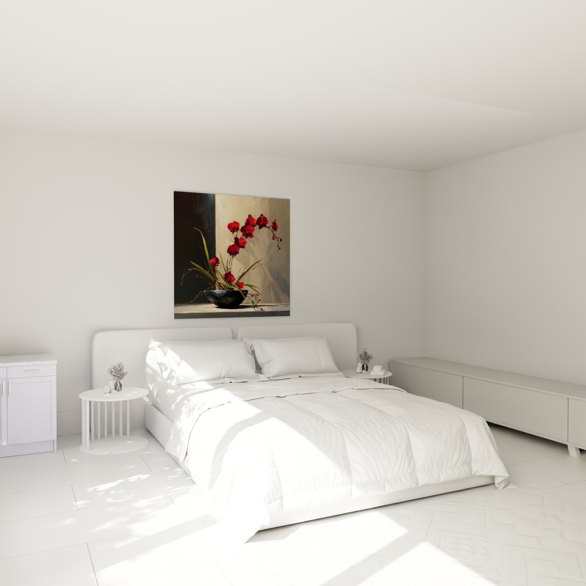 Red orchid ikebana bedroom wall decoration Japanese floral art zen atmosphere