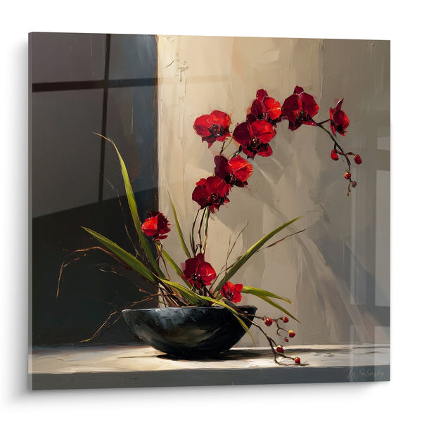 Tafel Orchidee Rood in Bloemencompositie in Zwarte Vaas - Karmozijn Harmonie - Ikebana Editie